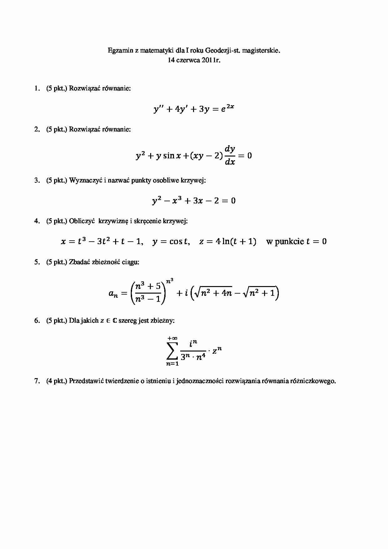 Egzamin z matematyki dla I mgr - strona 1