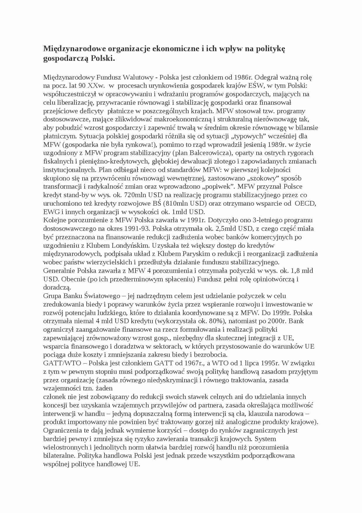 Międzynarodowe organizacje ekonomiczne i ich wpływ na politykę gospodarczą Polski- opracowanie - strona 1