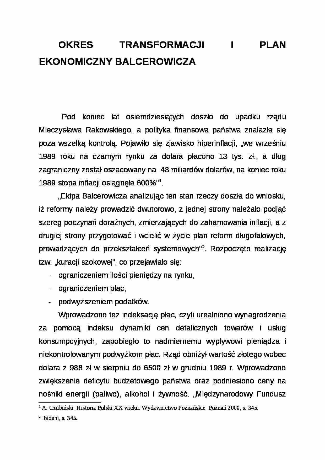 Wykład - okres transformacji i plan ekonomiczny Balcerowicz - strona 1