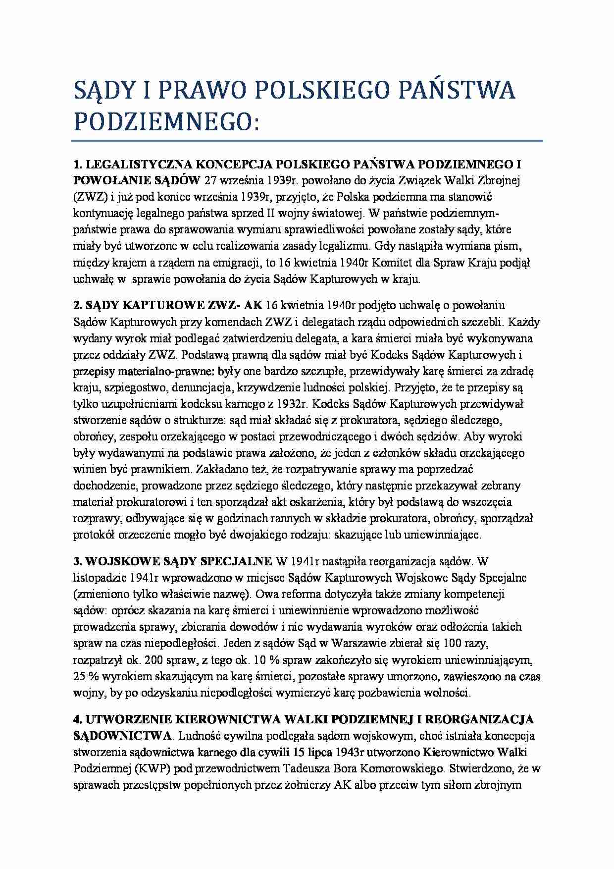 Historia państwa i prawa polskiego - SĄDY I PRAWO POLSKIEGO PAŃSTWA PODZIEMNEGO - strona 1