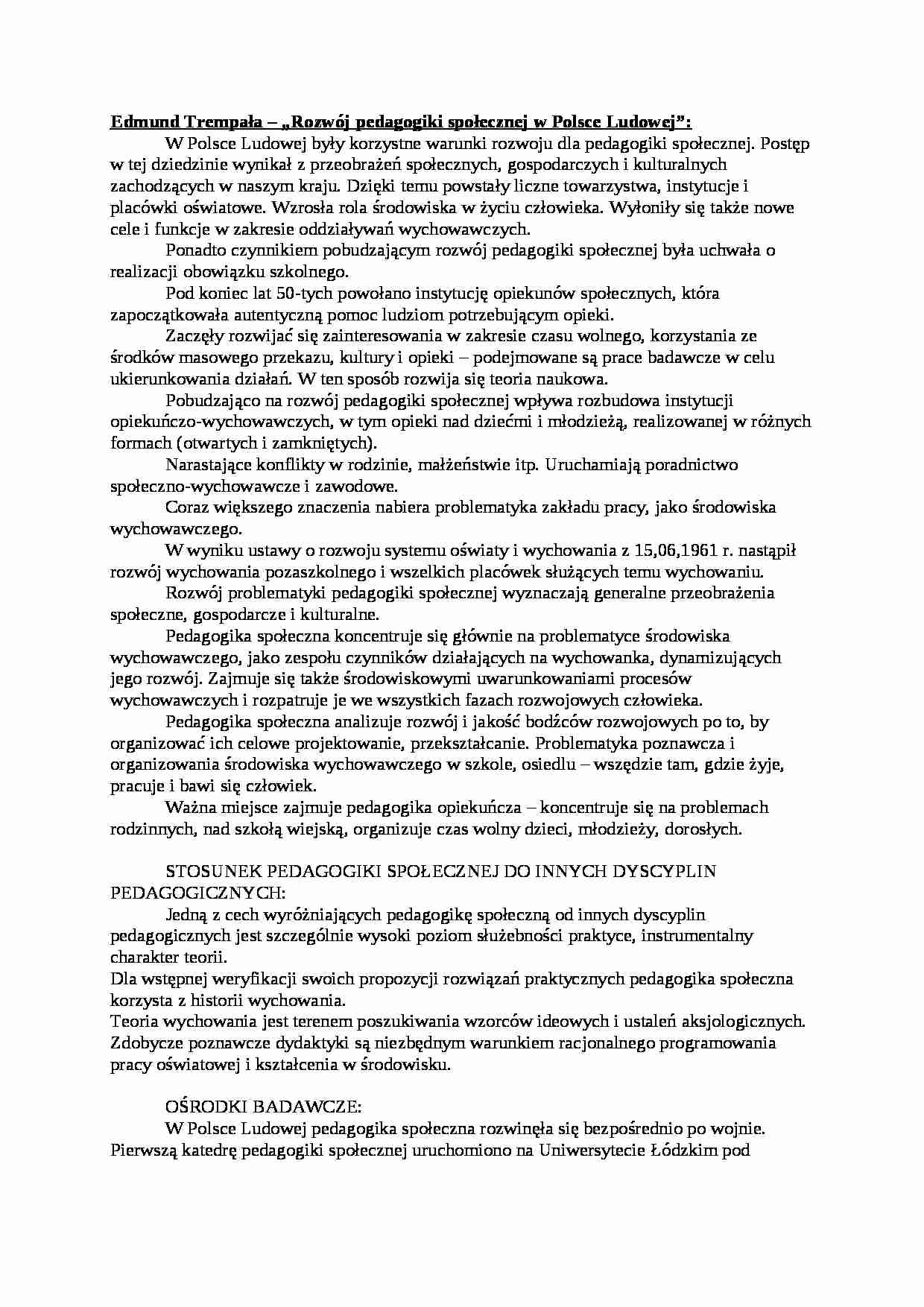 Rozwój pedagogiki społecznej w Polsce Ludowej-opracowanie - strona 1