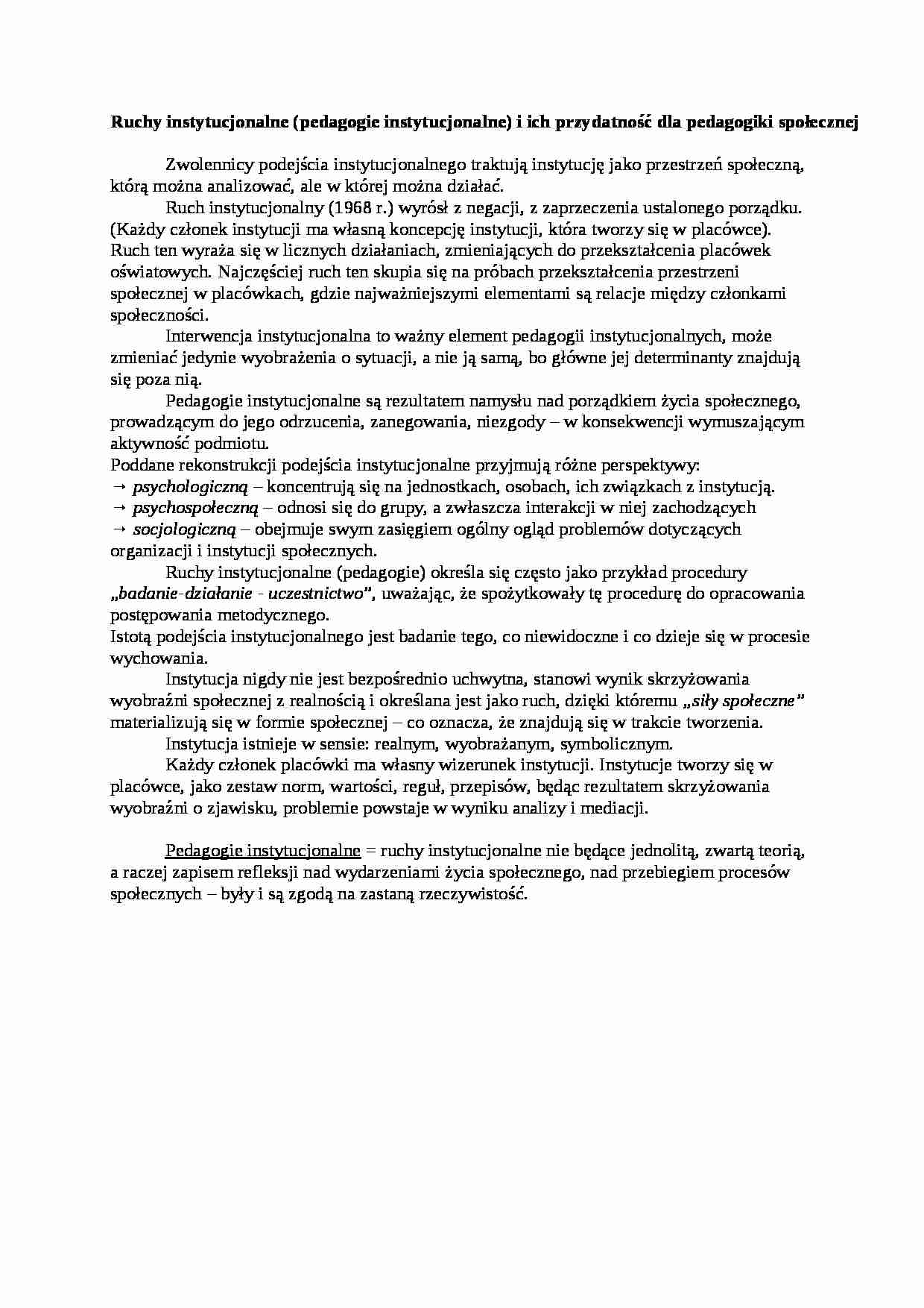 Ruchy instytucjonalne i ich przydatność dla pedagogiki społecznej-opracowanie - strona 1