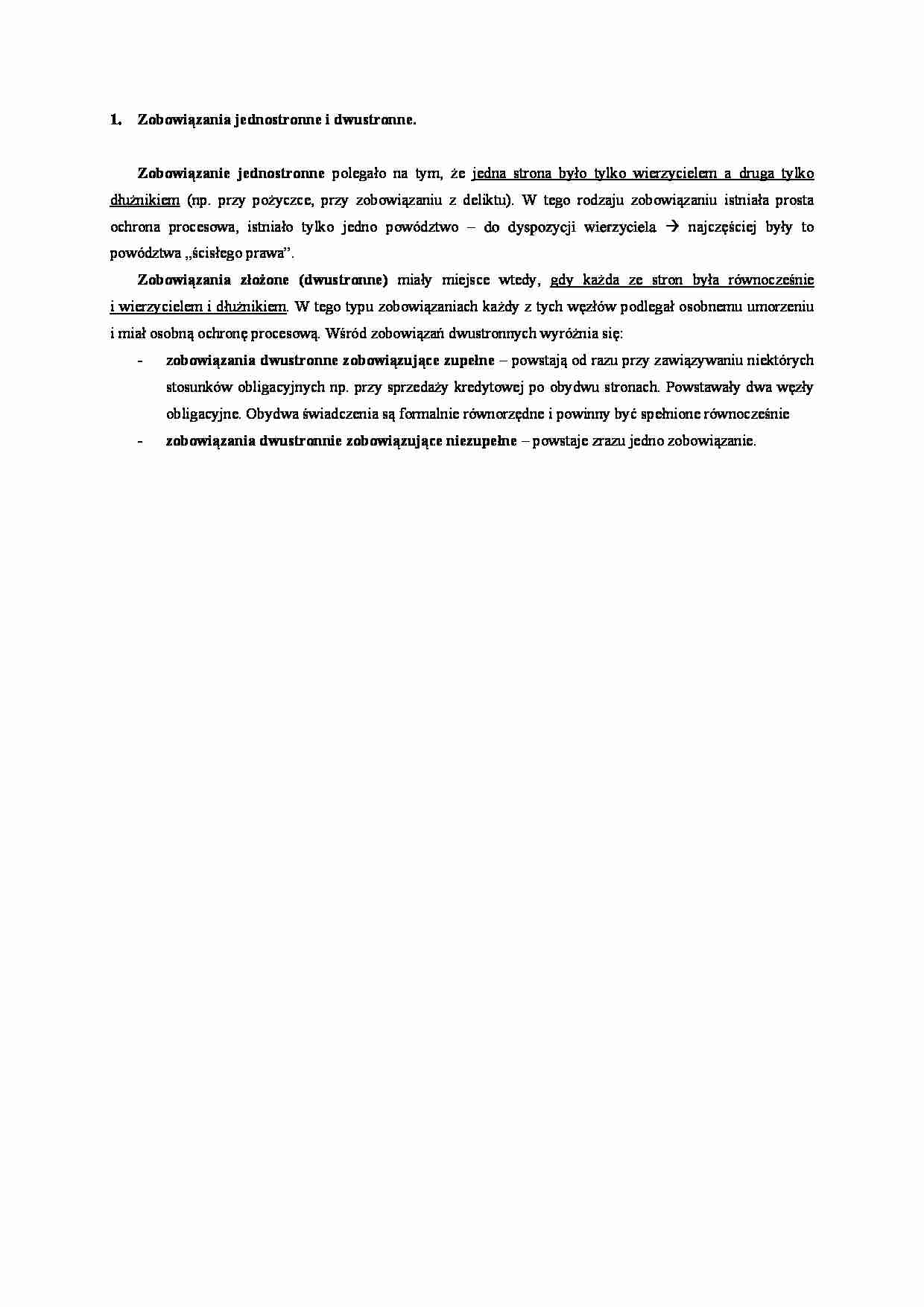 Zobowiązania jednostronne i dwustronne- opracowanie - strona 1