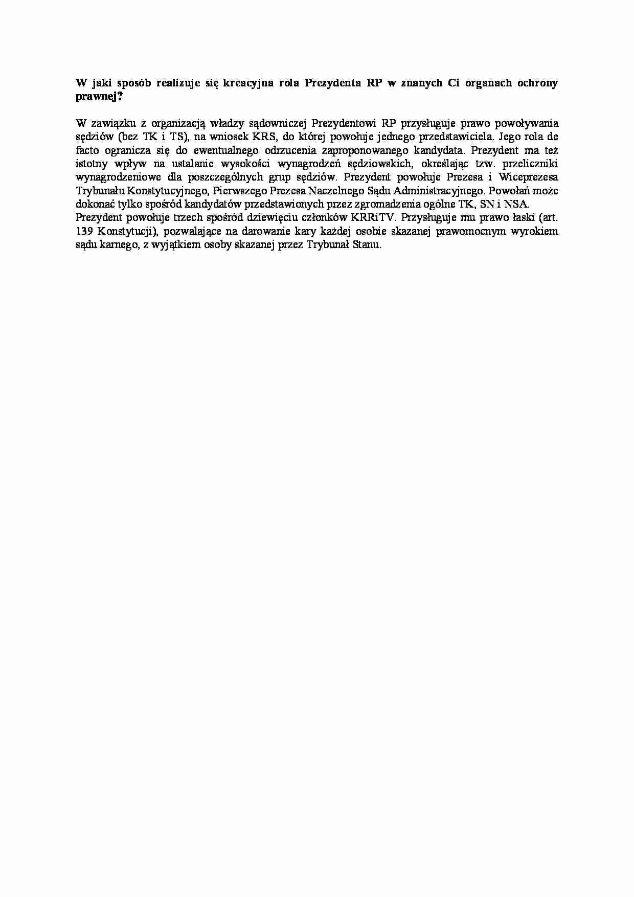 Kreacyjna rola Prezydenta RP w organach ochrony prawnej-opracowanie - strona 1