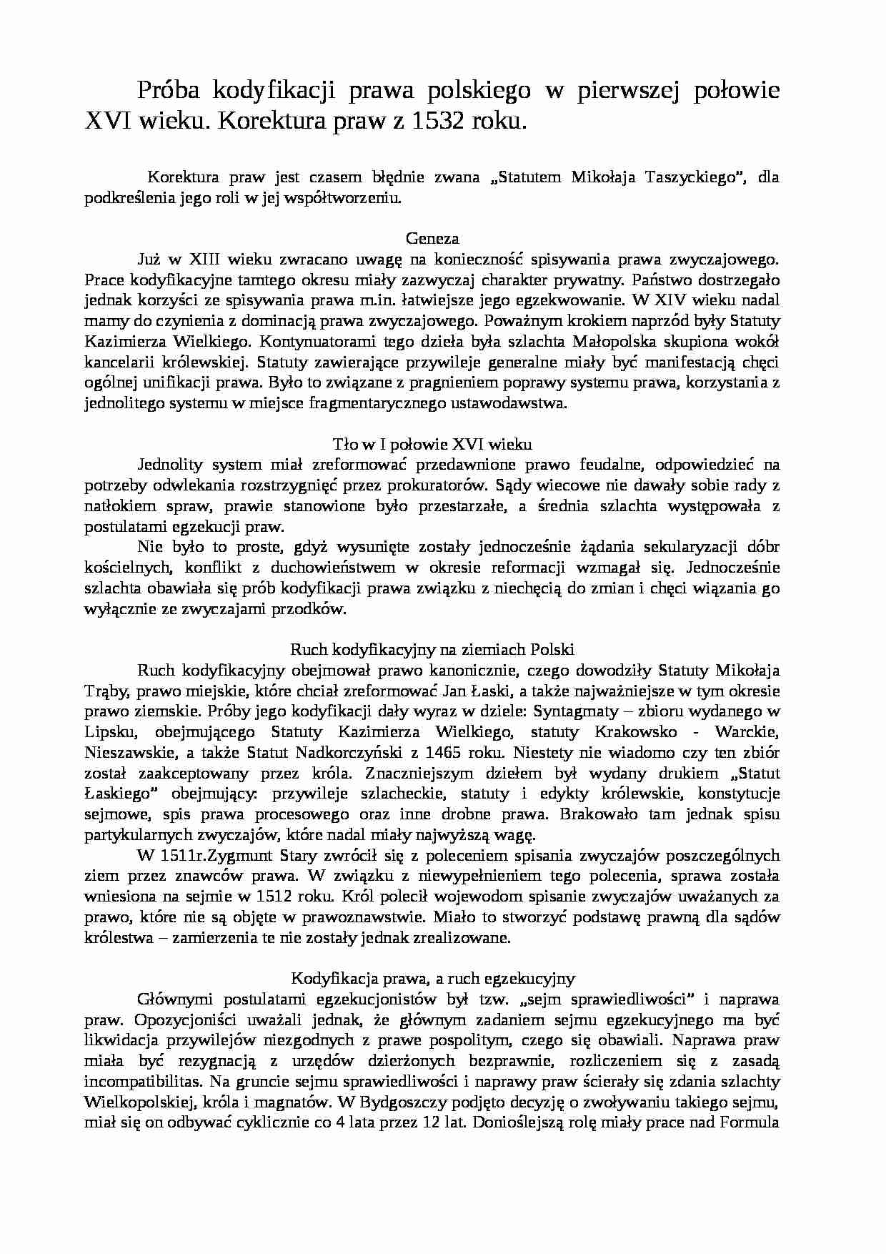  Próba kodyfikacji prawa polskiego w pierwszej połowie XVI wieku-opracowanie - strona 1