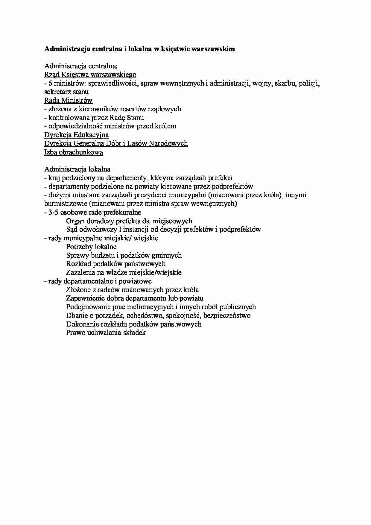 Administracja centralna i lokalna w księstwie warszawskim - omówienie - strona 1