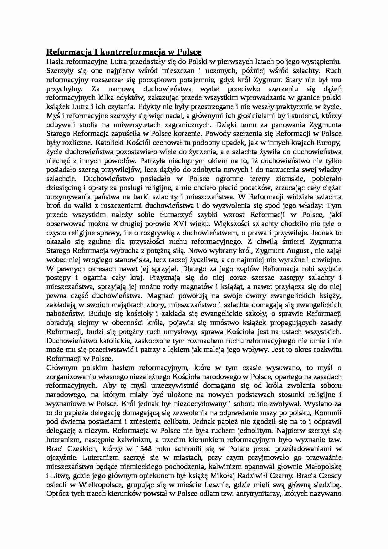 Reformacja I kontrreformacja w Polsce - omówienie - strona 1