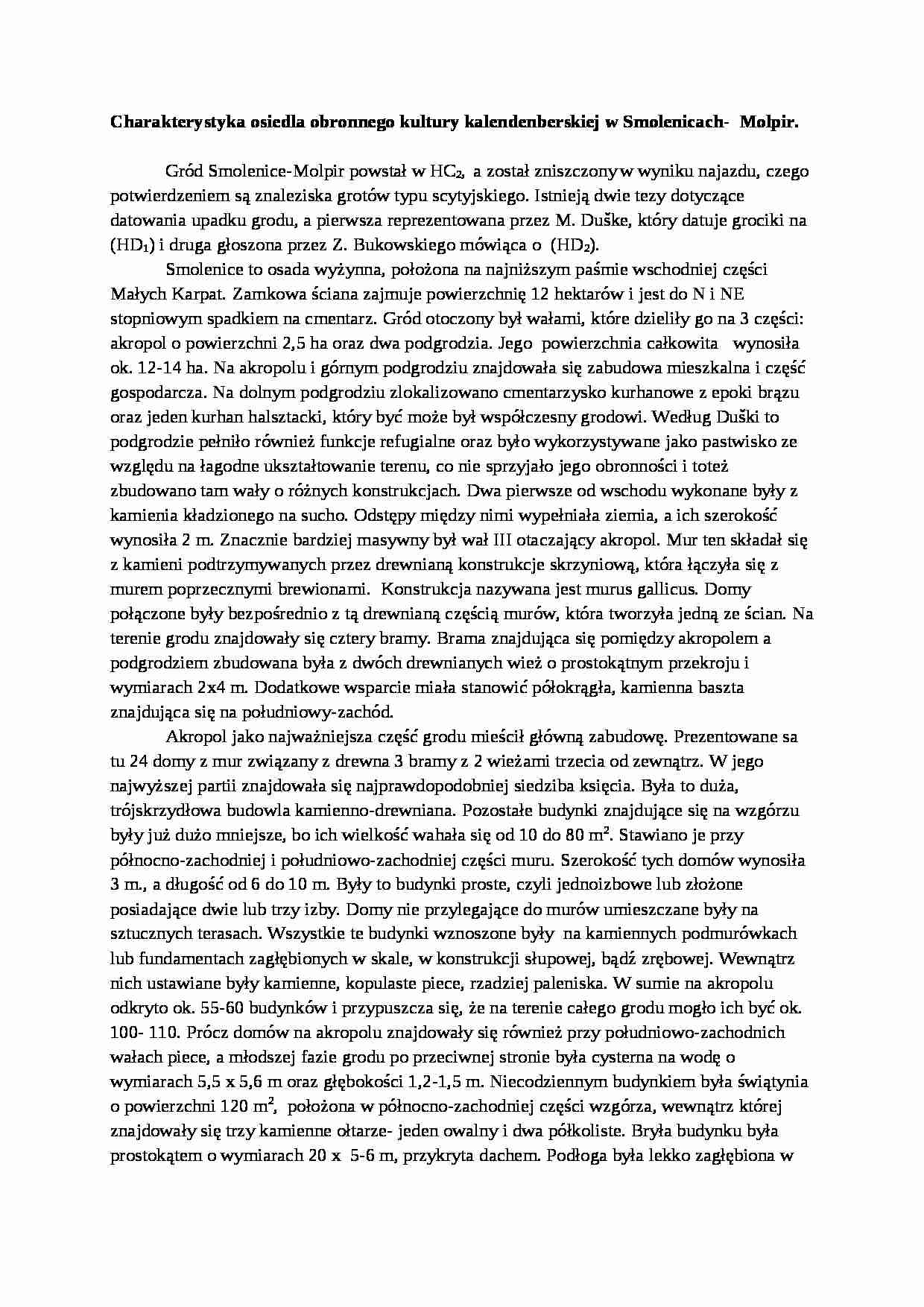 Charakterystyka osiedla obronnego kultury kalendenberskiej w Smolenicach - omówienie - strona 1