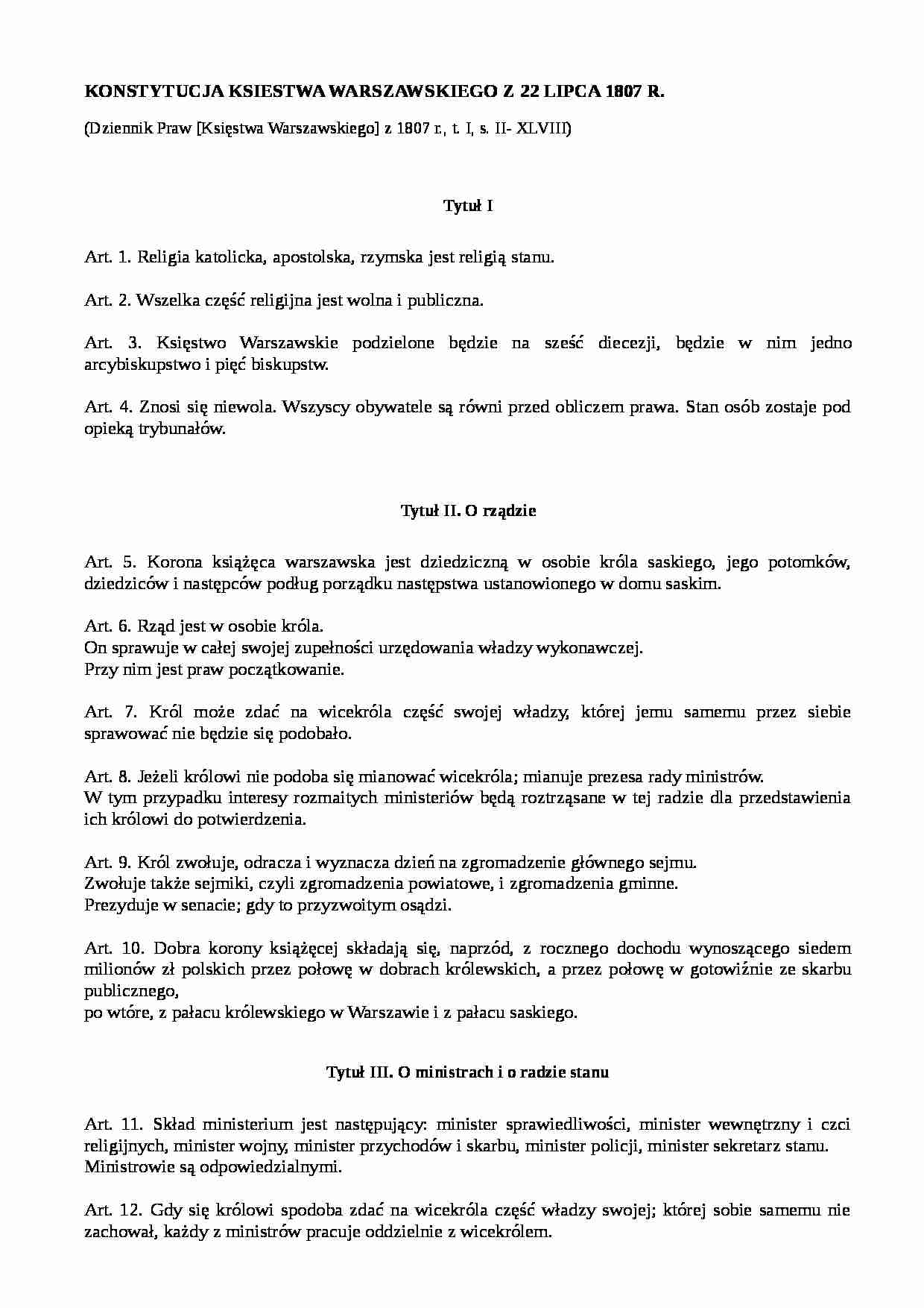 Konstytucja Księstwa Warszawskiego - omówienie  - strona 1