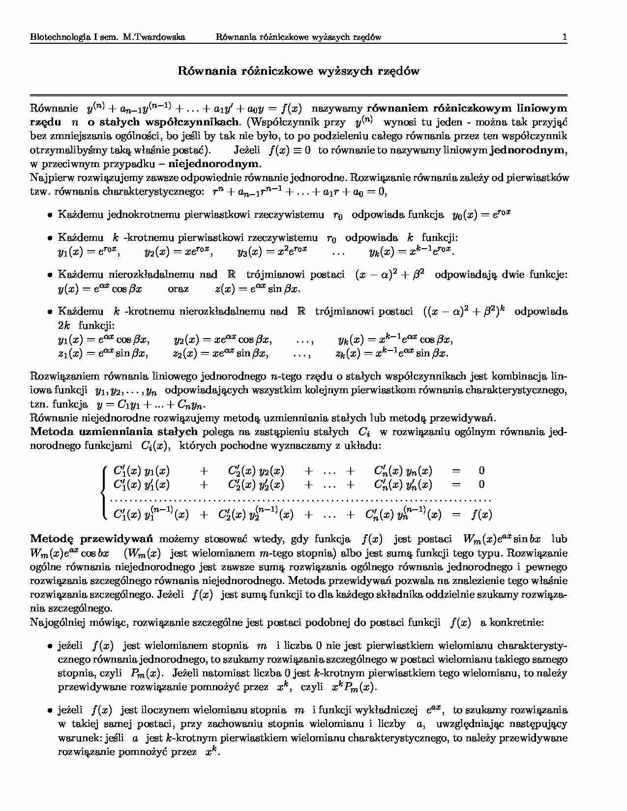 Równania różniczkowe wyższych rzędów-opracowanie - strona 1