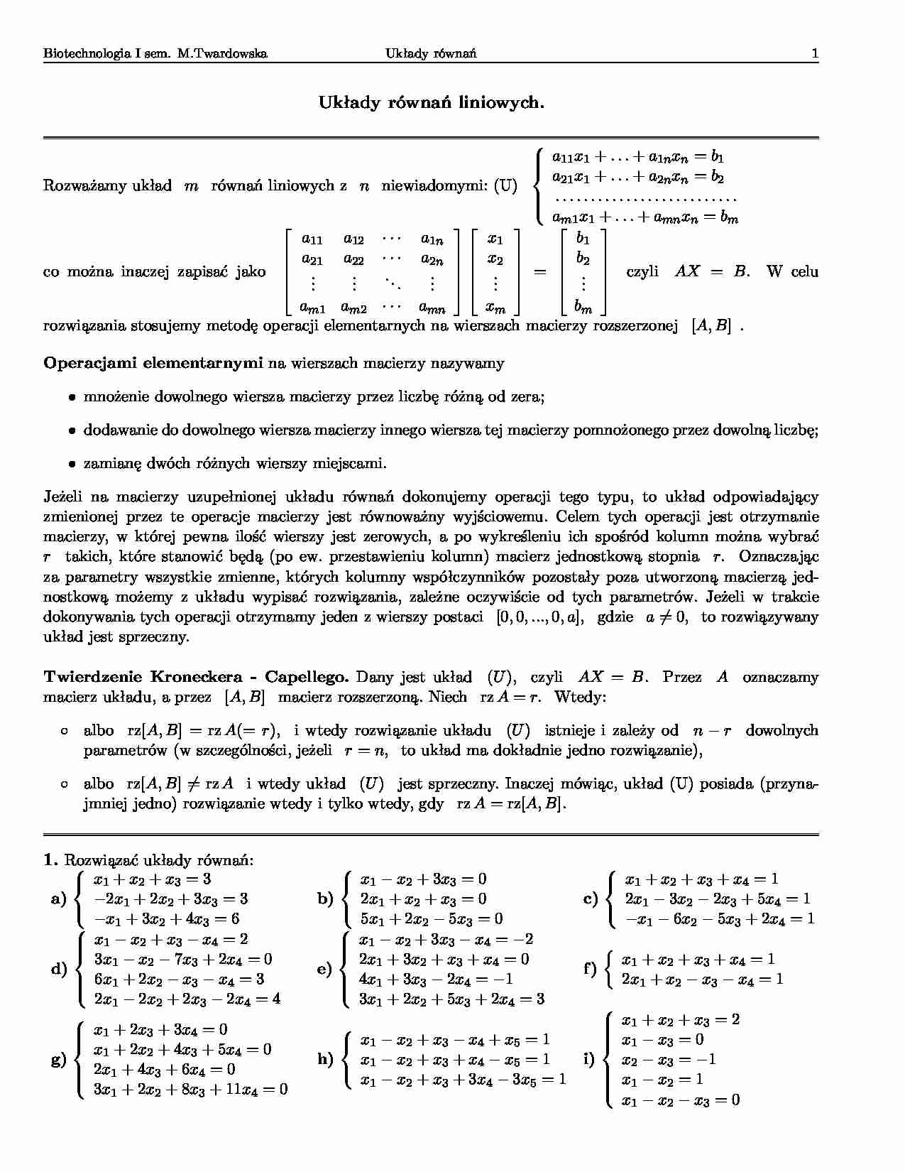 Układy równań liniowych-opracowanie - strona 1