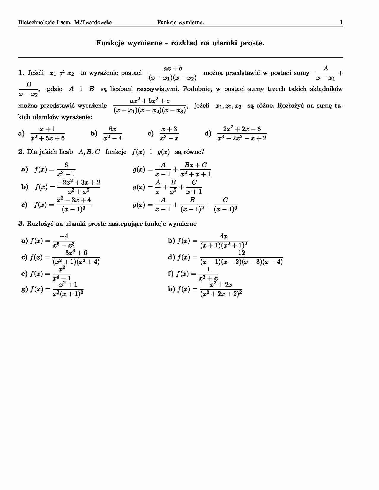 Funkcje wymierne - rozkład na ułamki proste-opracowanie - strona 1