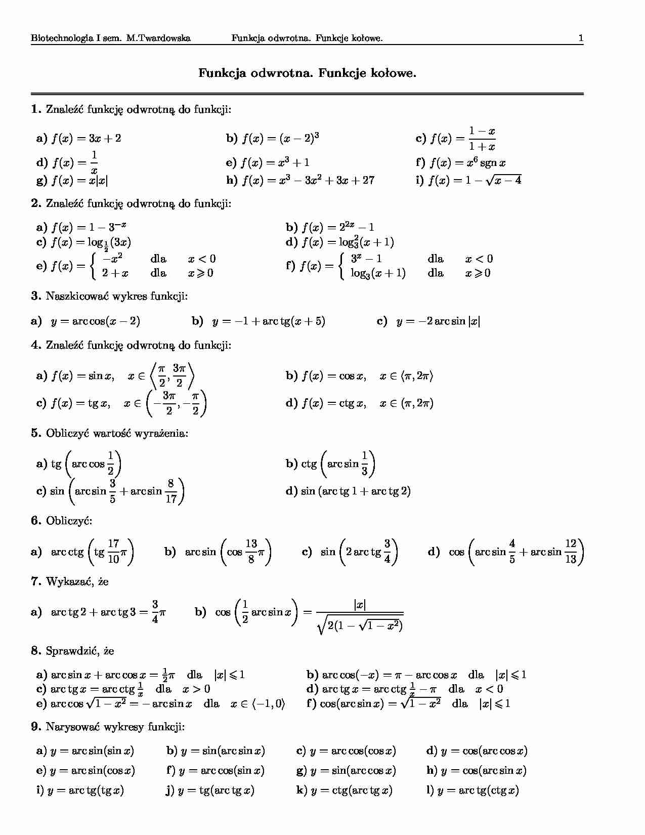 Funkcja odwrotna, funkcje kołowe-opracowanie - strona 1