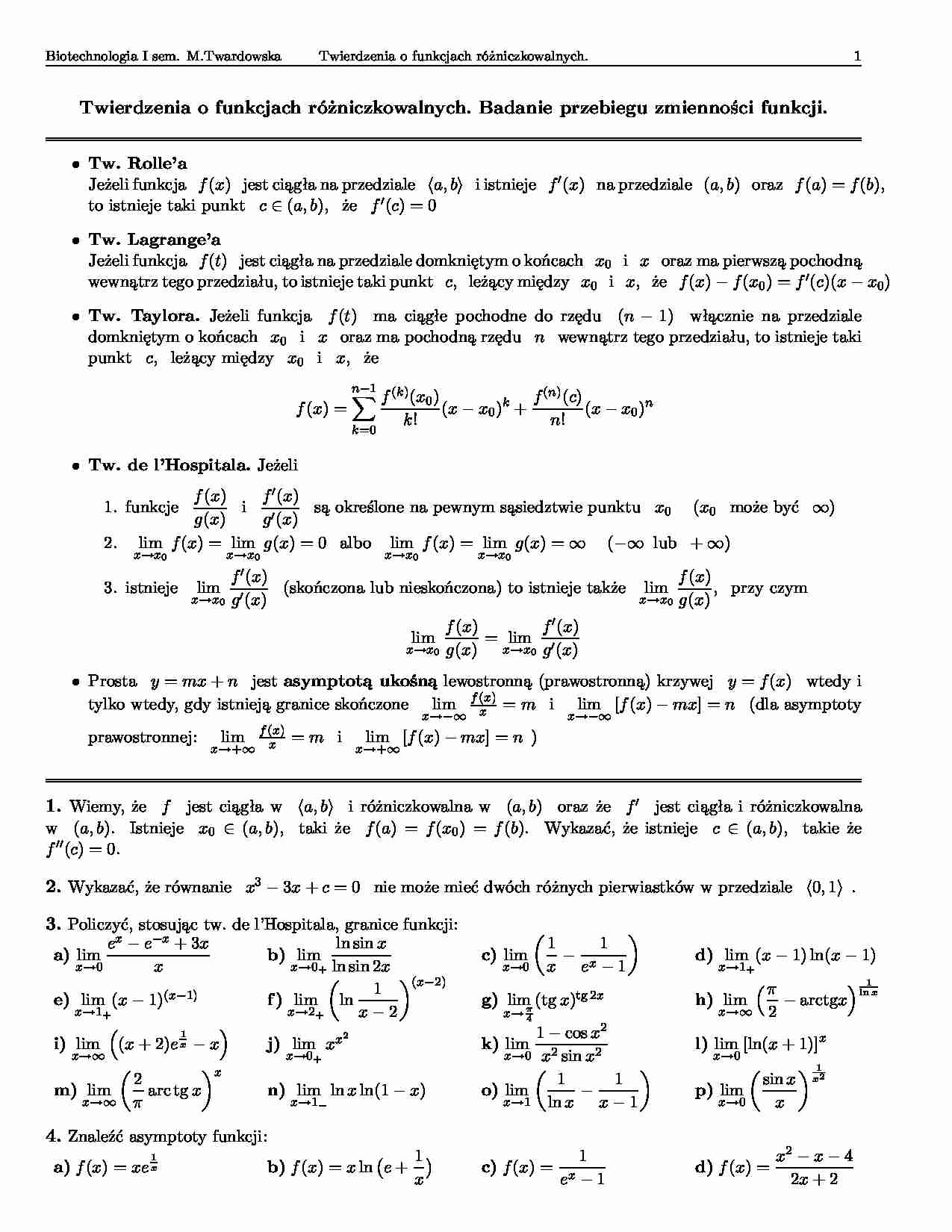 Twierdzenia o funkcjach różniczkowalnych-opracowanie - strona 1