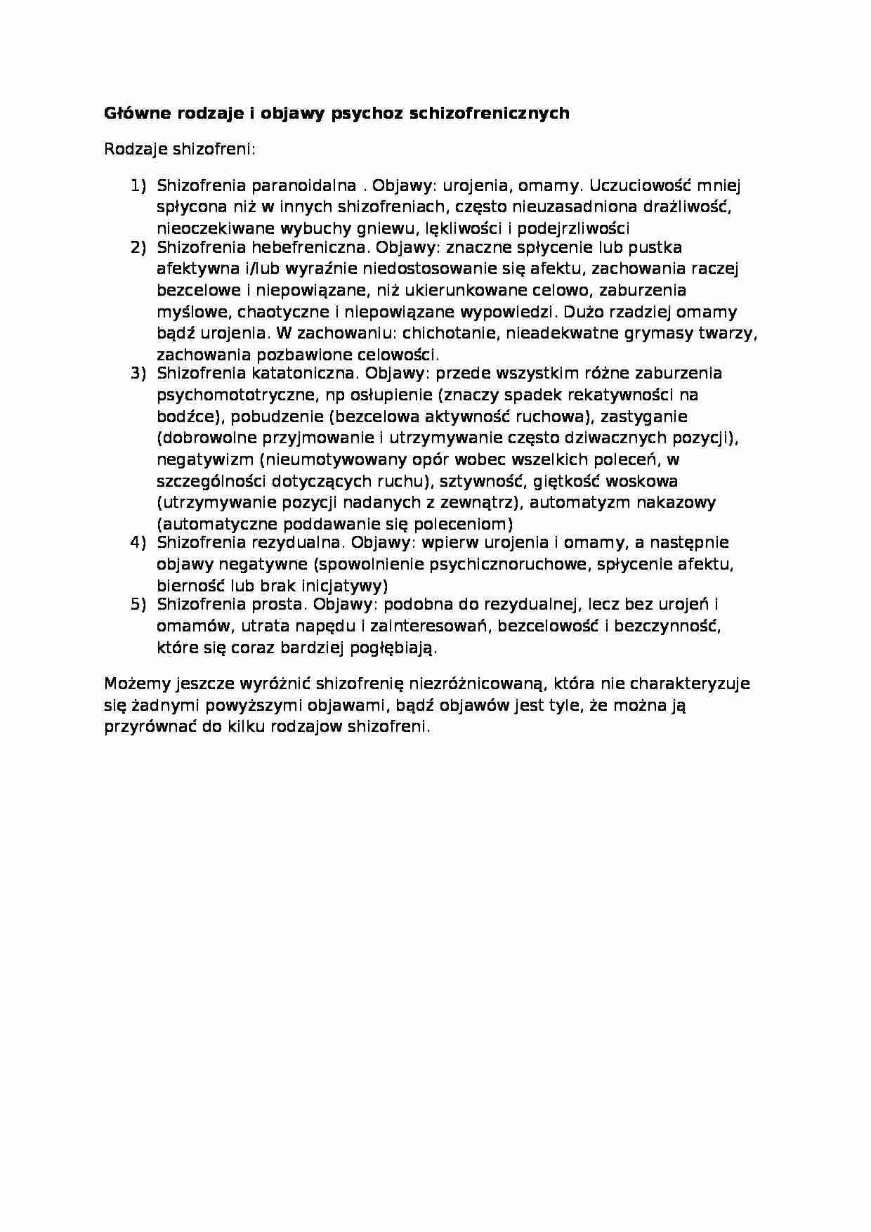 Wykład - Główne rodzaje i objawy psychoz schizofrenicznych - strona 1