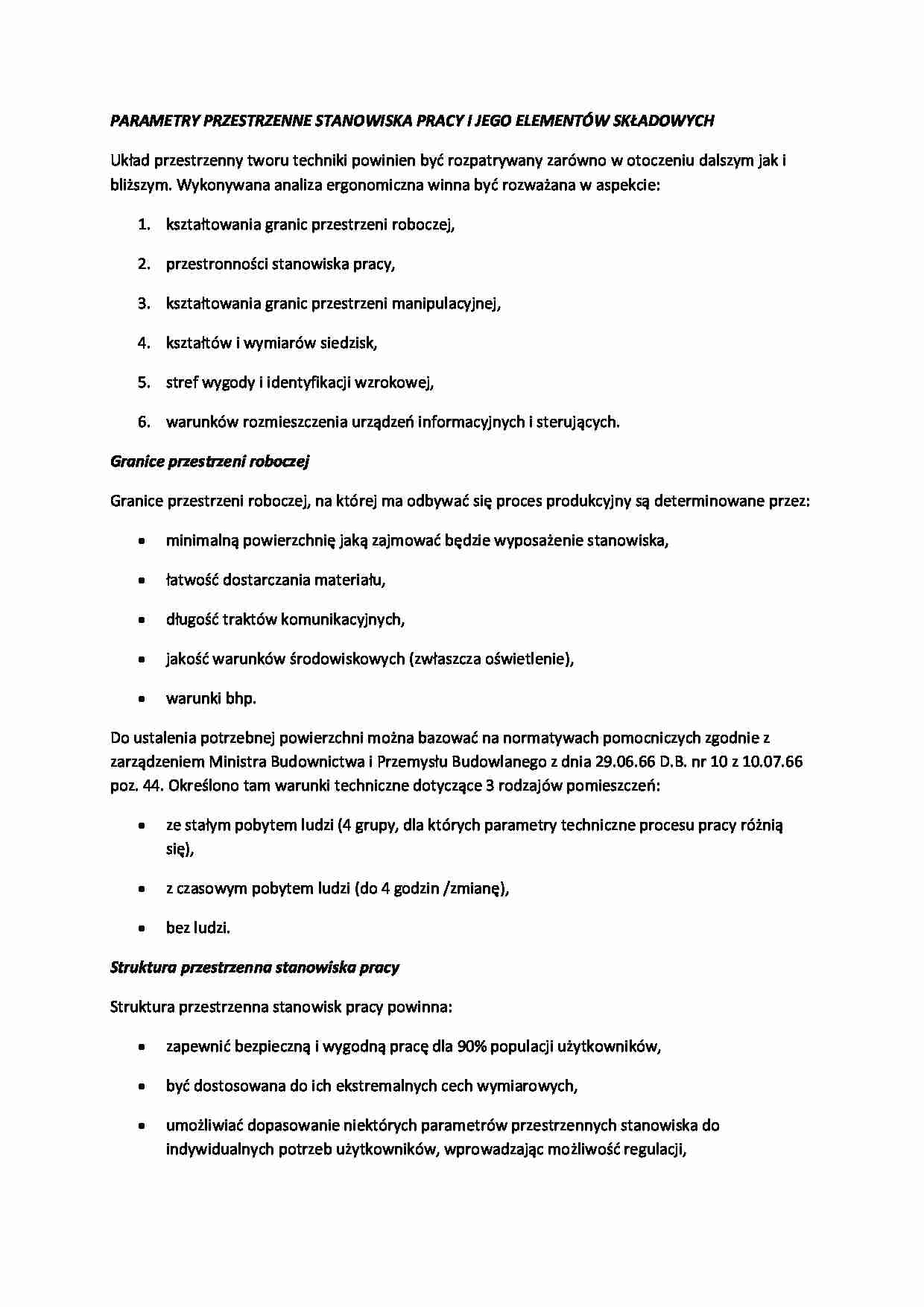 Parametry przestrzenne stanowiska pracy i jego elementów-opracowanie - strona 1