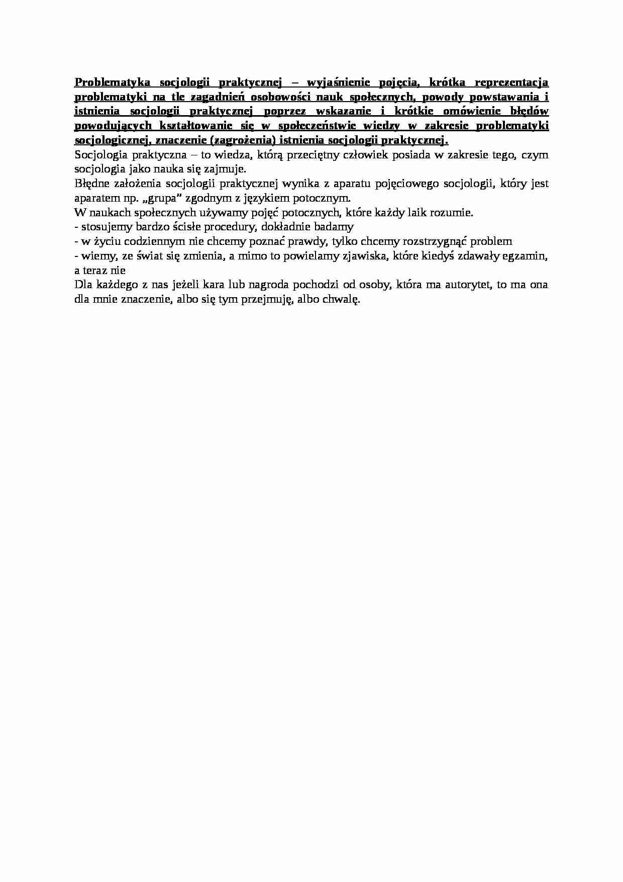 Problematyka socjologii praktycznej- opracowanie - strona 1