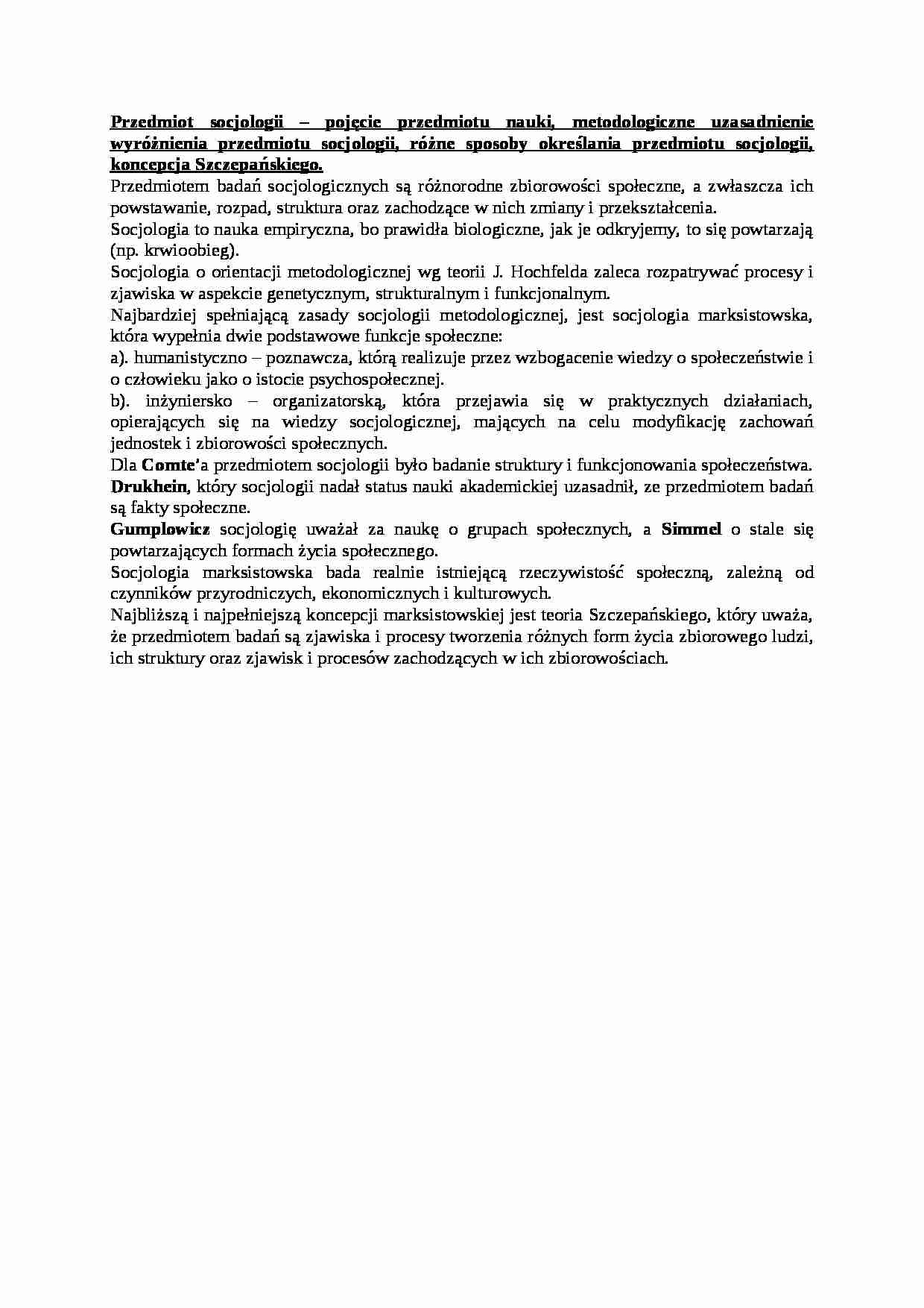 Przedmiot socjologii- opracowanie - strona 1