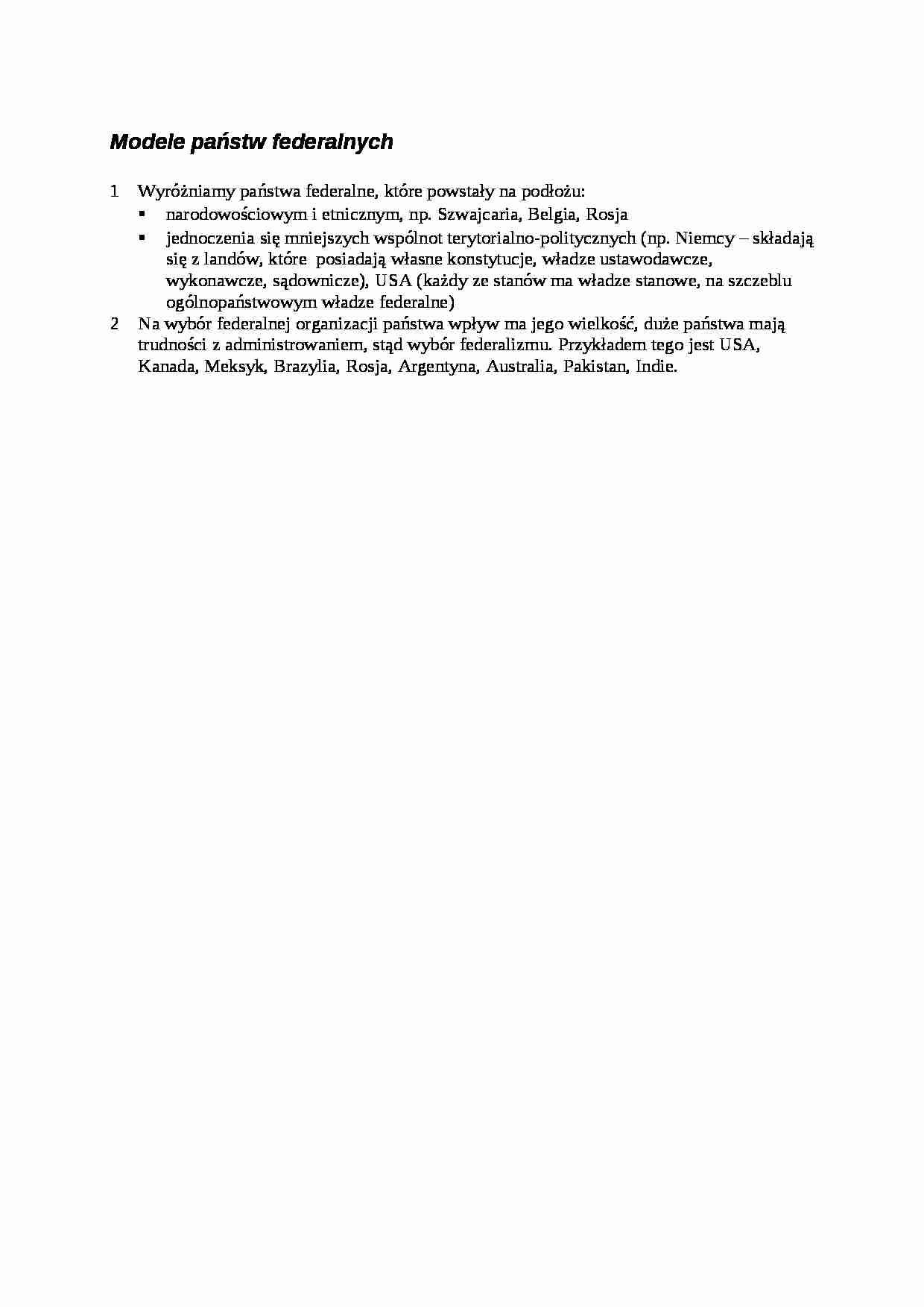 Modele państw federalnych- opracowanie - strona 1