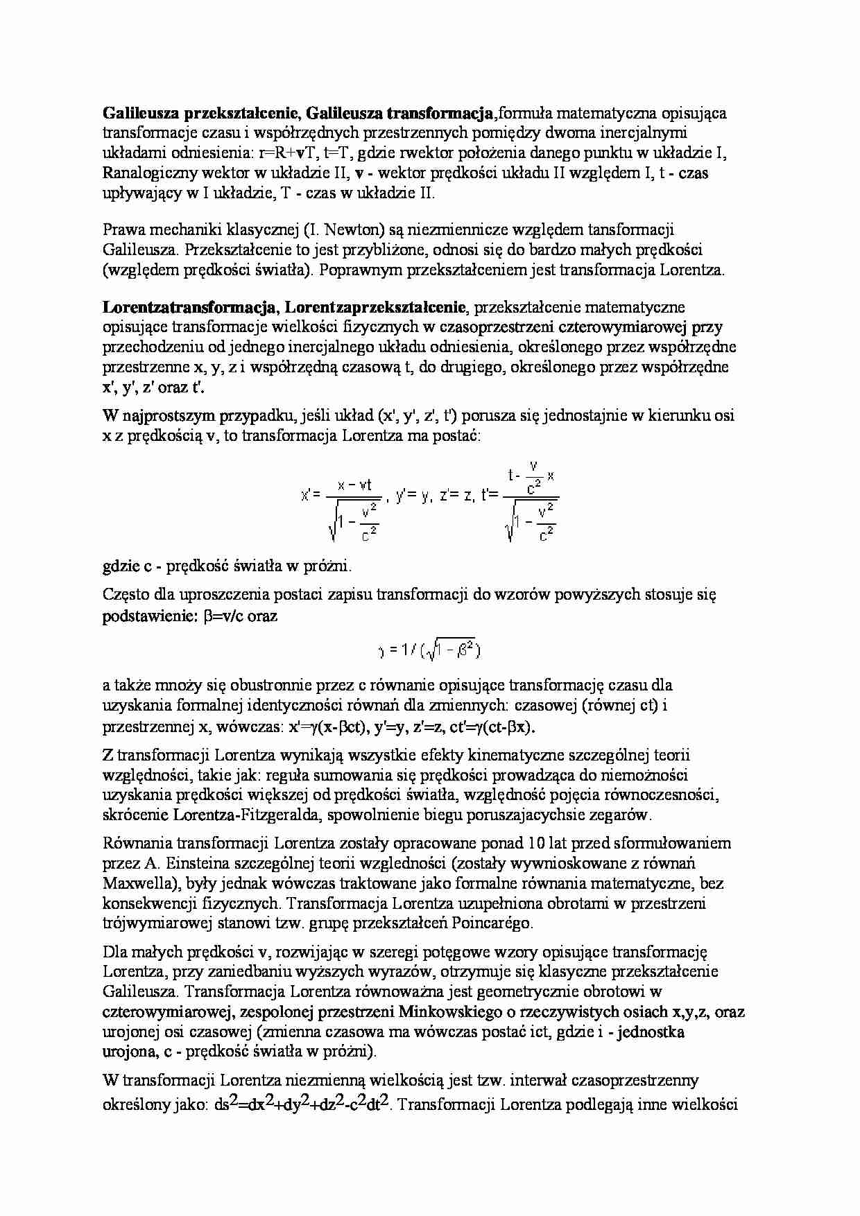 Wykład - przekształcenia Galileusza  oraz transformacja Lorentza - strona 1