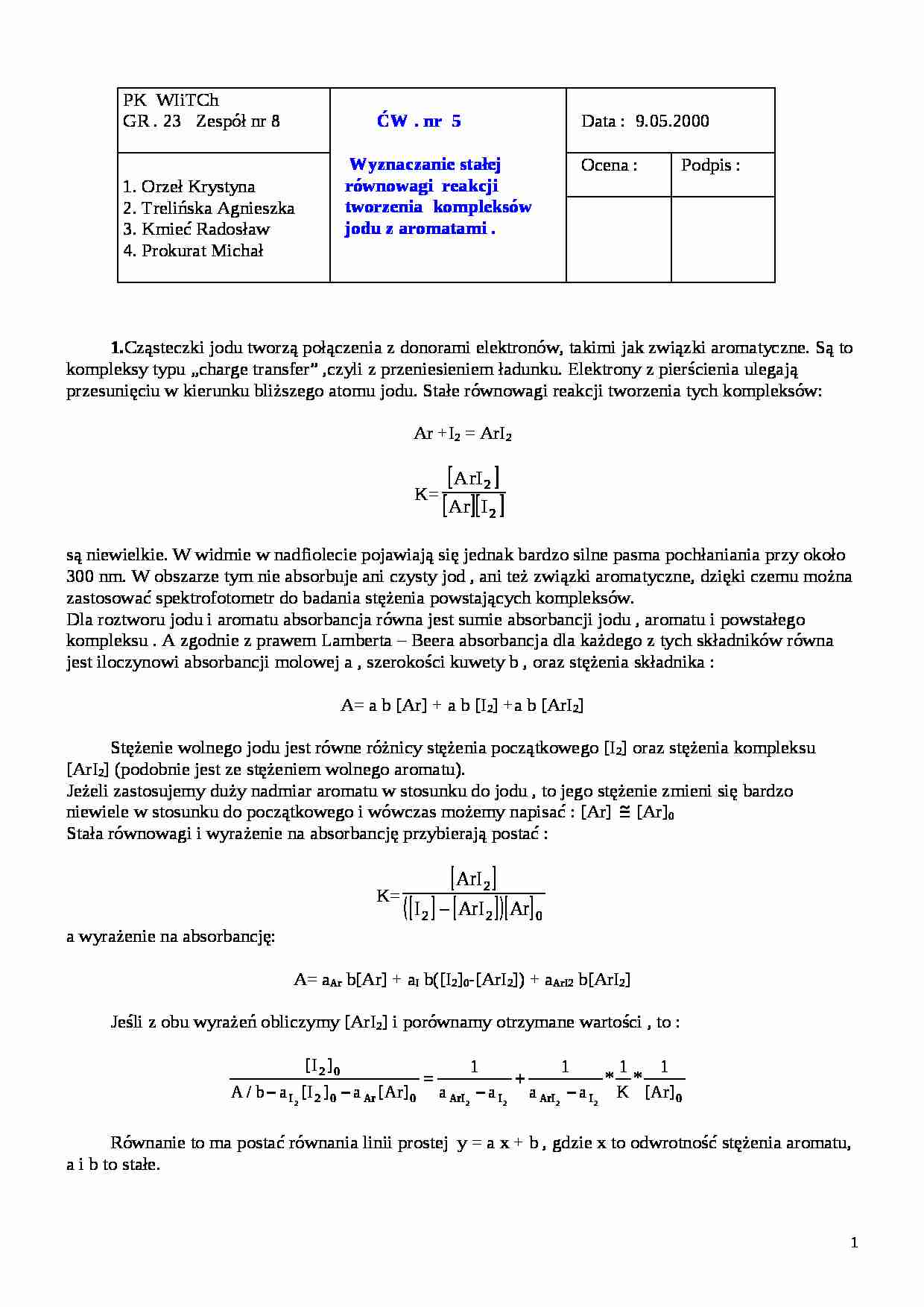 Wyznaczanie stałej  równowagi reakcji  tworzenia kompleksów  jodu z aromatami  - omówienie - strona 1