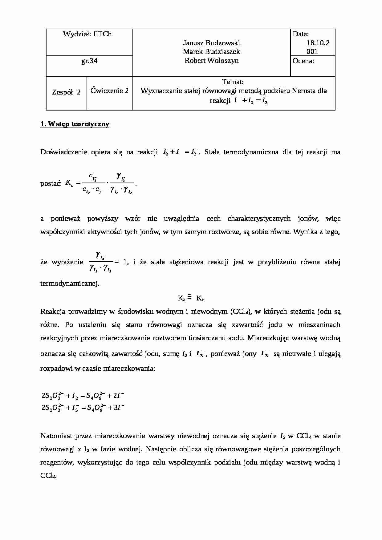 Wyznaczanie stałej równowagi metodą podziału Nernsta dla reakcji - omówienie - strona 1