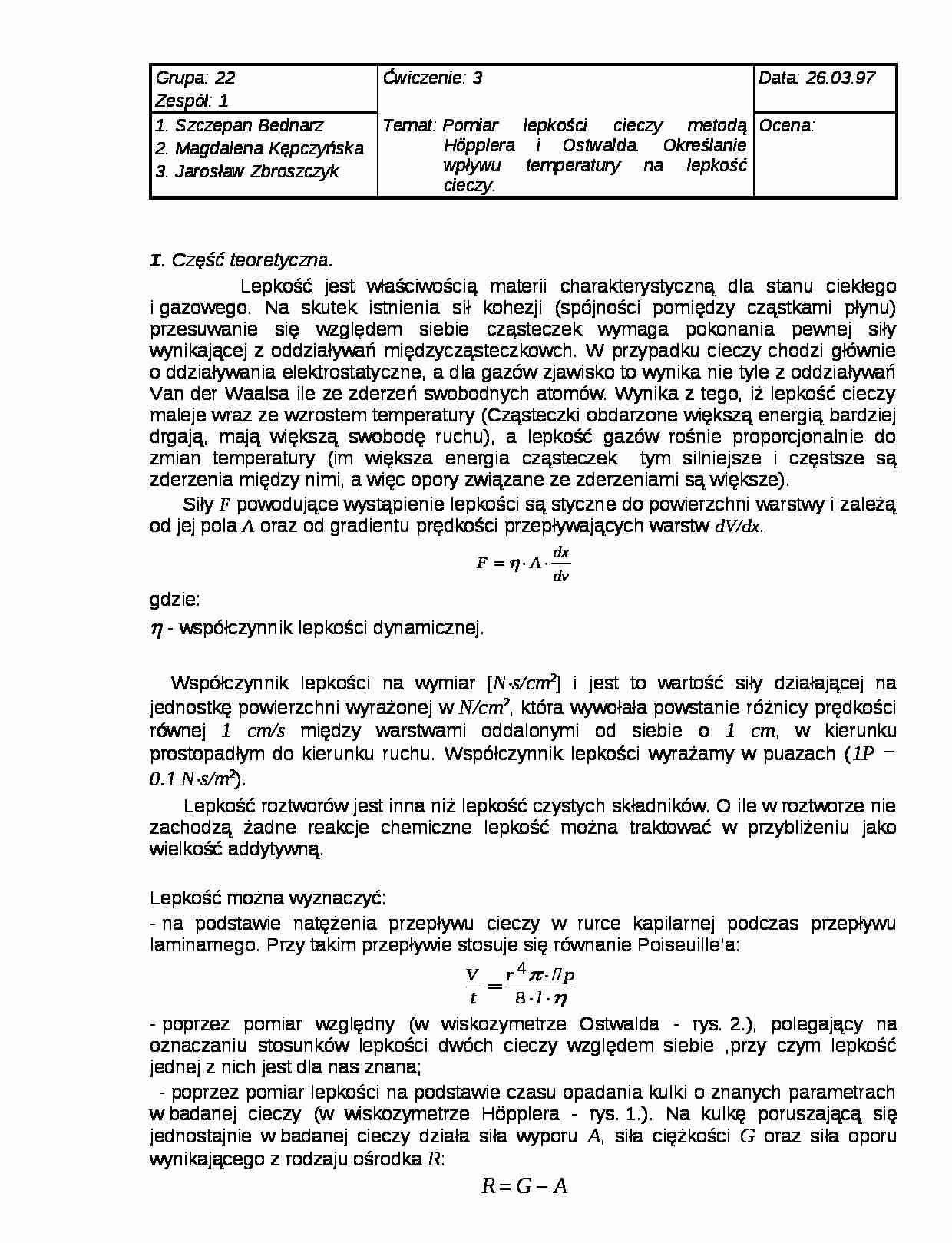 Pomiar lepkości cieczy metodą Happlera i Ostwalda - ćwiczenia - strona 1