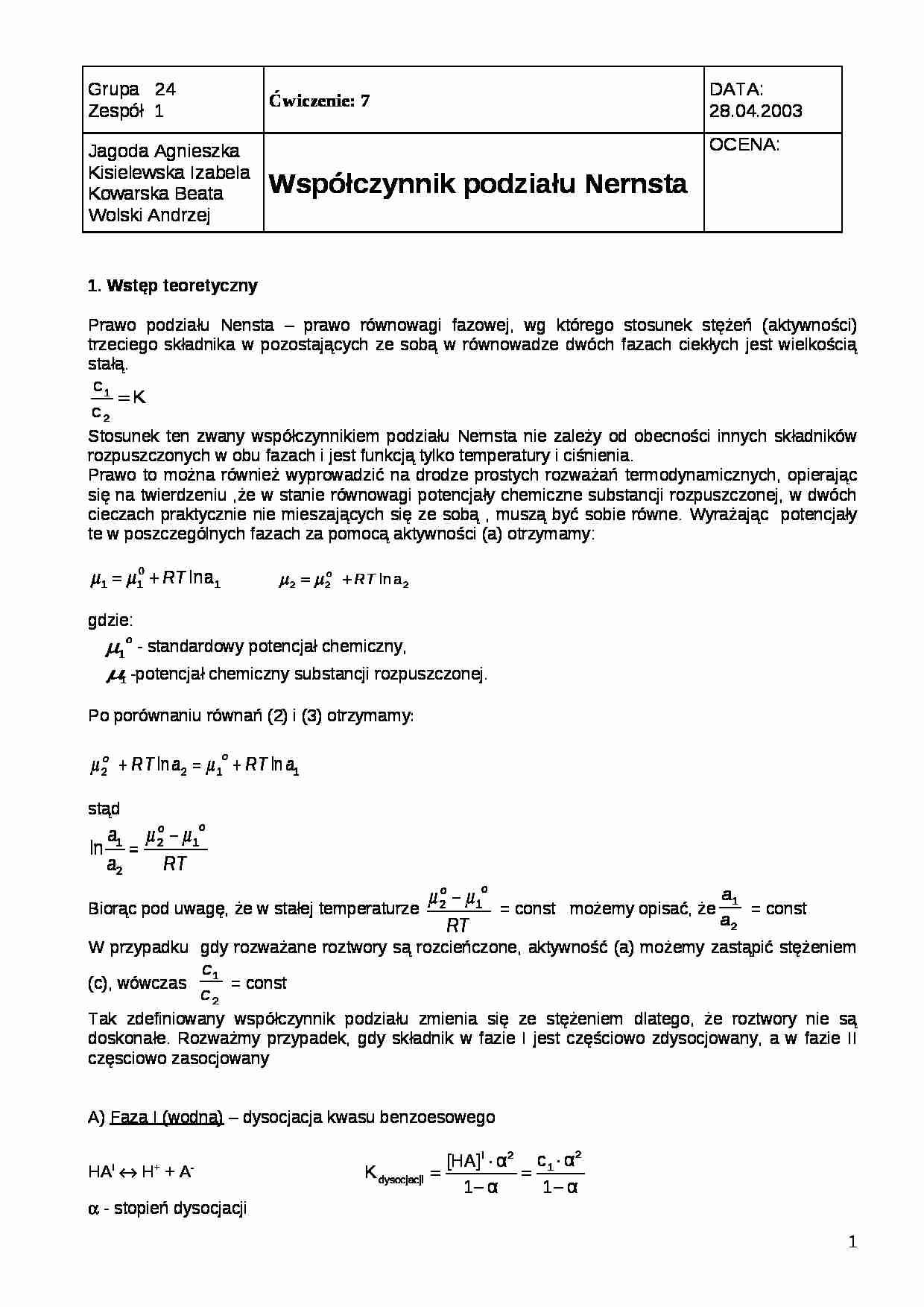 Współczynnik podziału Nernsta- ćwiczenia część kolejna - strona 1