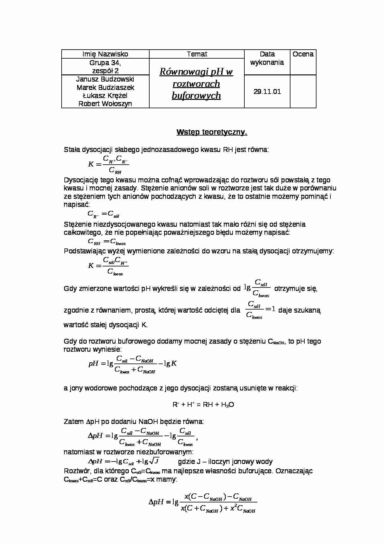 Równowagi pH w roztworach buforowych - ćwiczenia - Stała dysocjacji - strona 1
