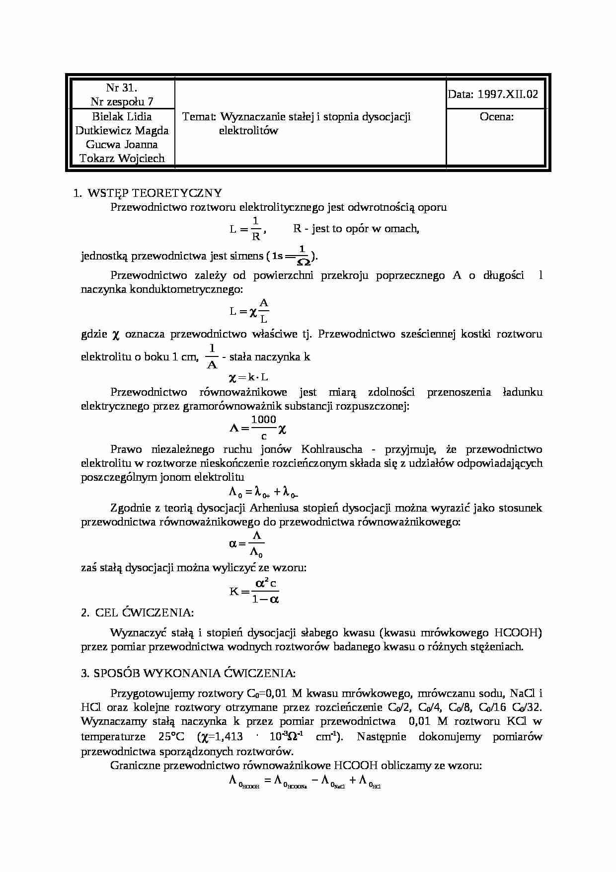 Wyznaczanie stałej i stopnia dysocjacji elektrolitów - strona 1