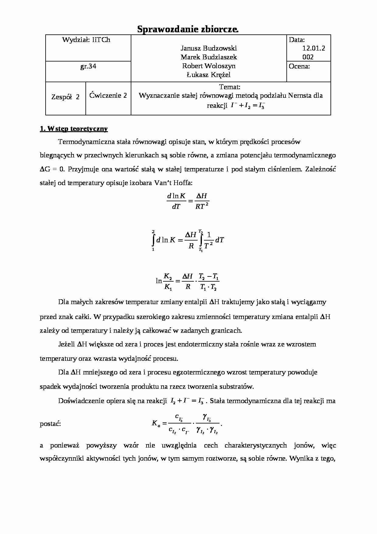 Wyznaczanie stałej równowagi metodą podziału Nernsta dla reakcji  - ćwiczenia - strona 1