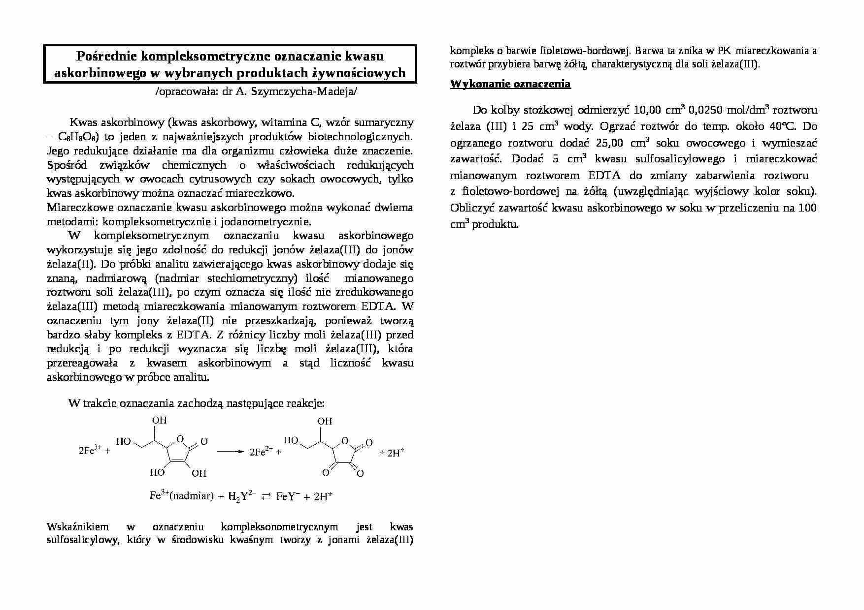Pośrednie kompleksometryczne oznaczanie kwasu askorbinowego - wykład - strona 1