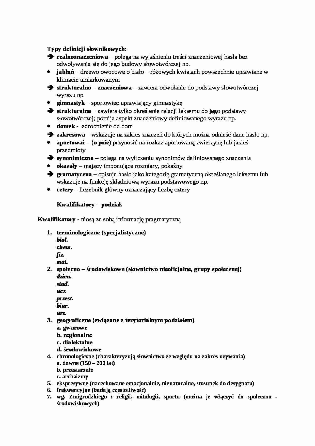 Typy definicji słownikowych i kwalifikatory - wykład - strona 1