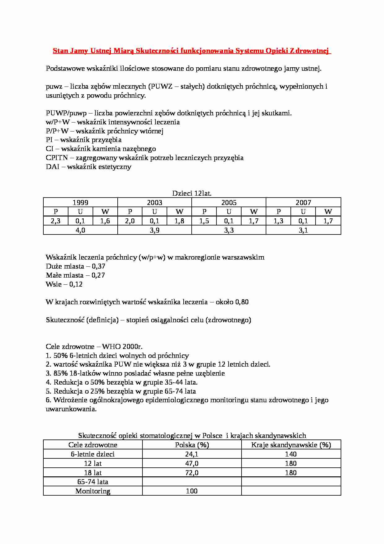 Wykład - Stan Jamy Ustnej Miarą Skuteczności funkcjonowania Systemu Opieki Zdrowotnej - strona 1