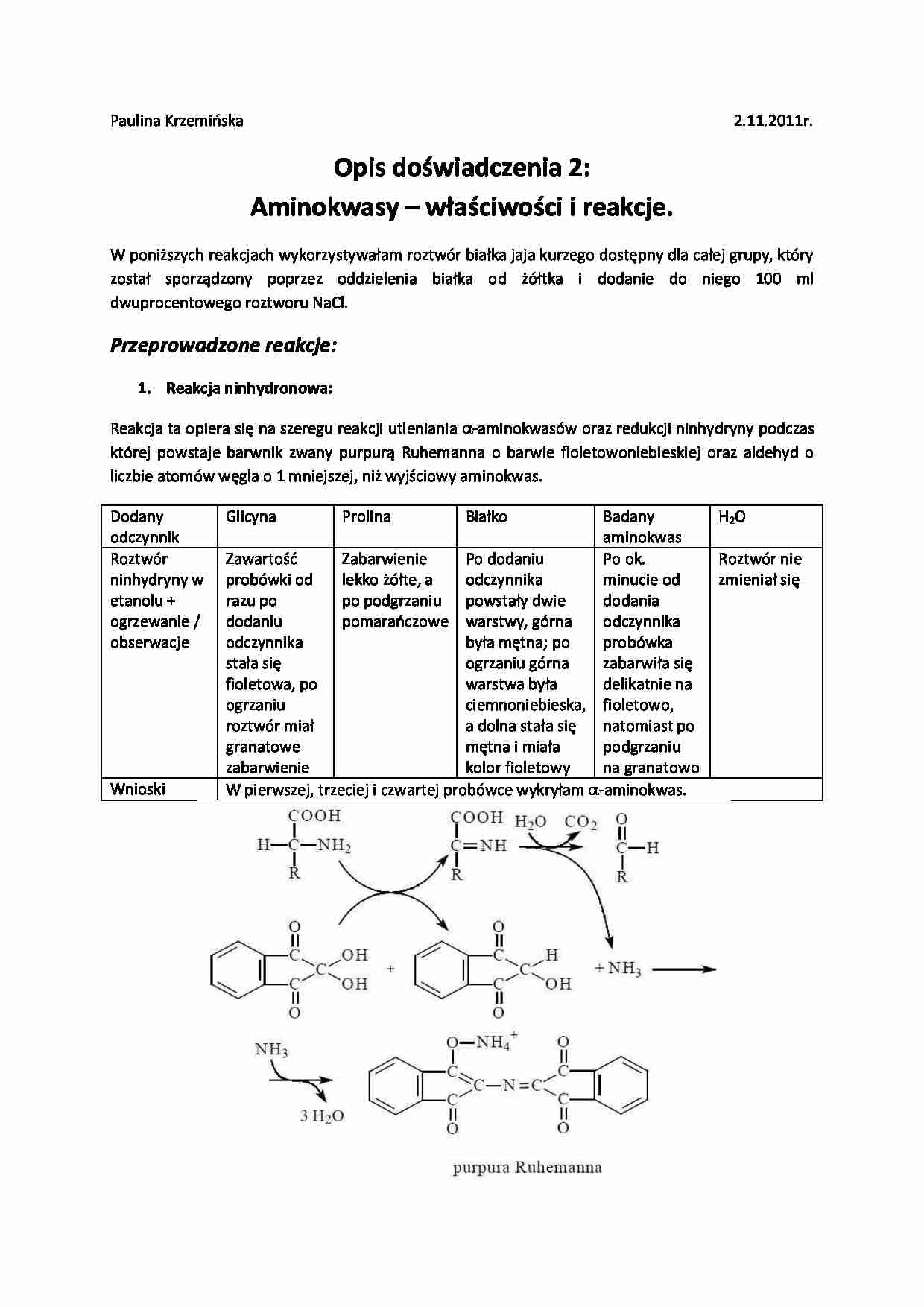 Aminokwasy - właściwości i reakcje - strona 1