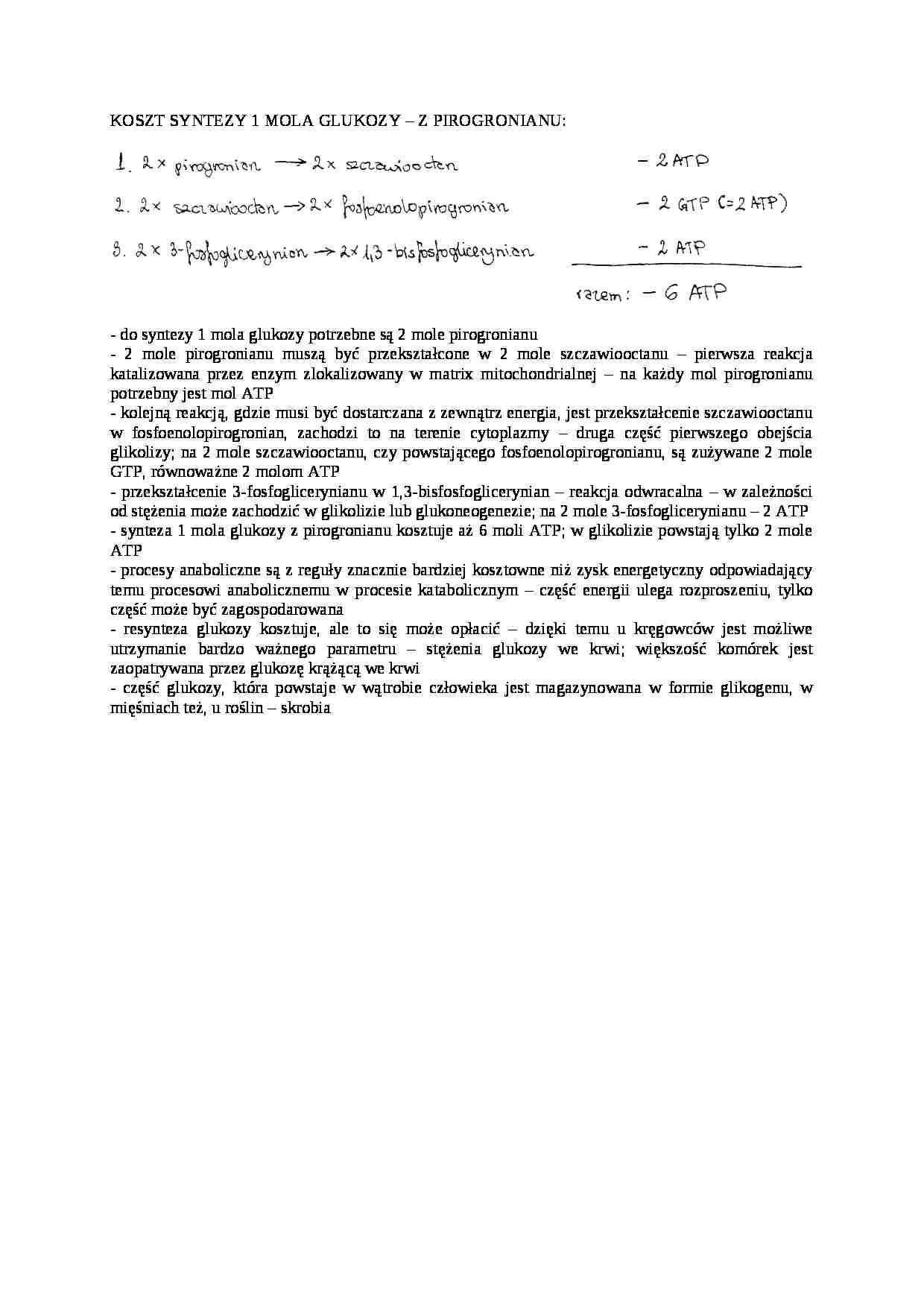 Koszty syntezy 1 mola glukoza-opracowanie - strona 1