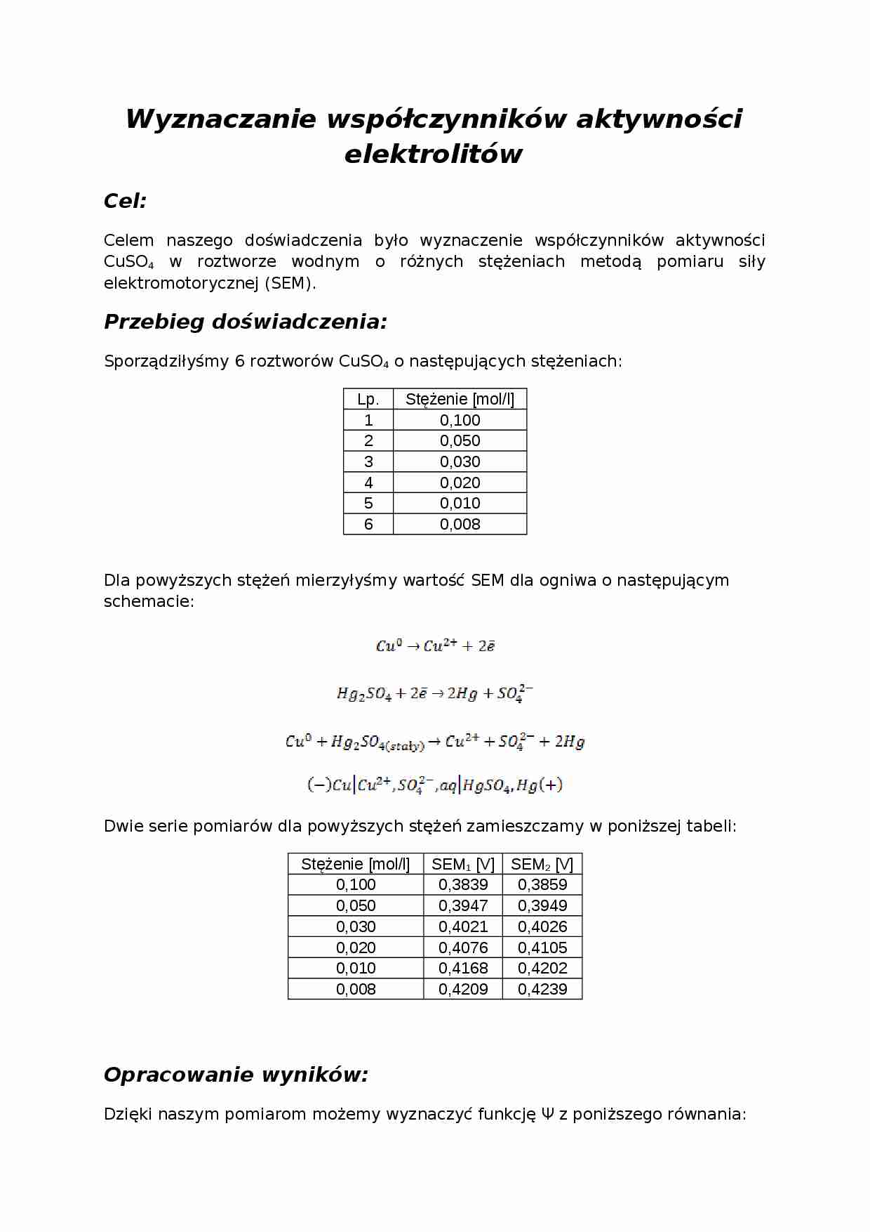 Wyznaczanie współczynników aktywności elektrolitów-opracowanie - strona 1