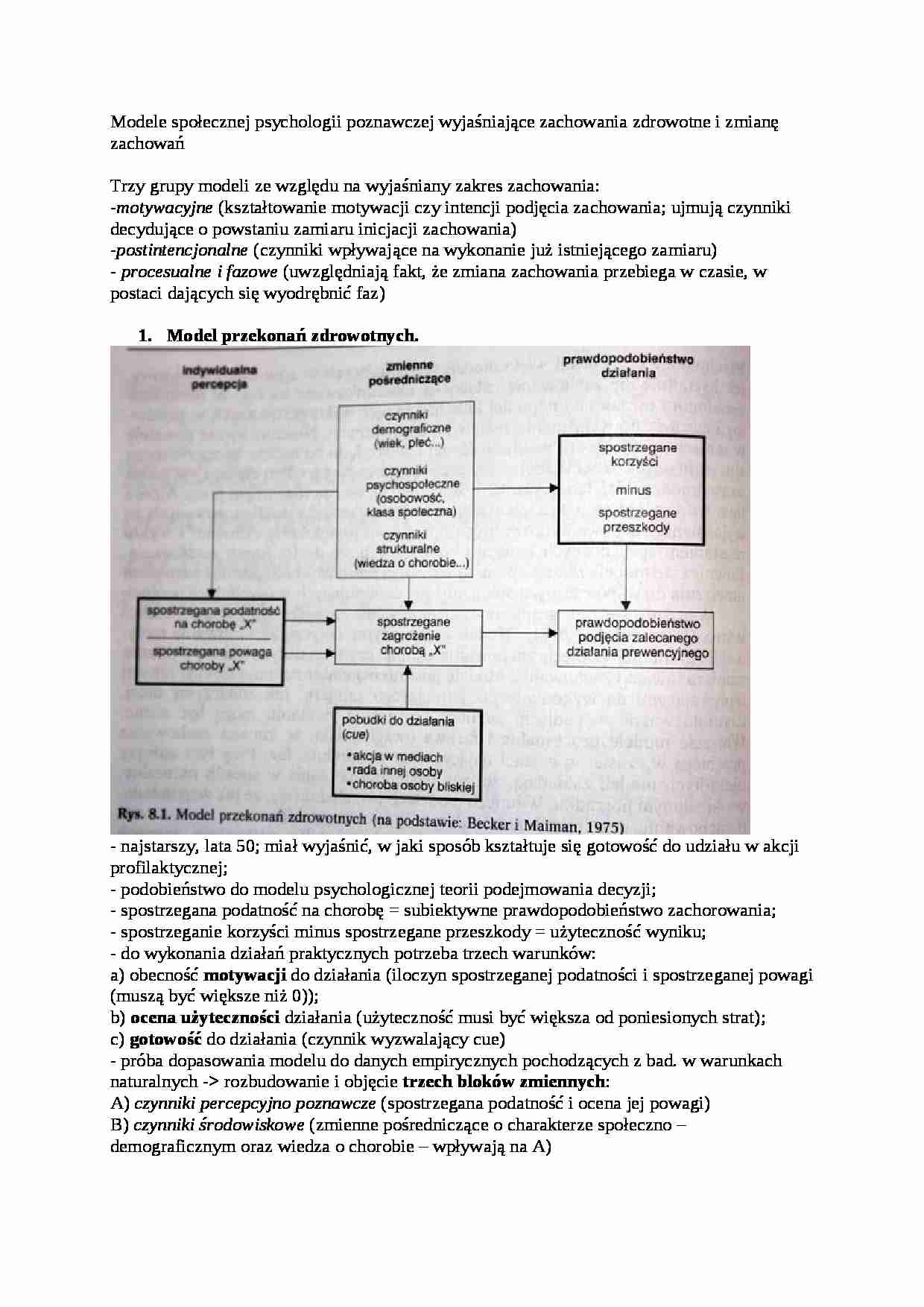 Modele społecznej psychologii poznawczej wyjaśniające zachowania zdrowotne i zmianę zachowań-opracowanie - strona 1