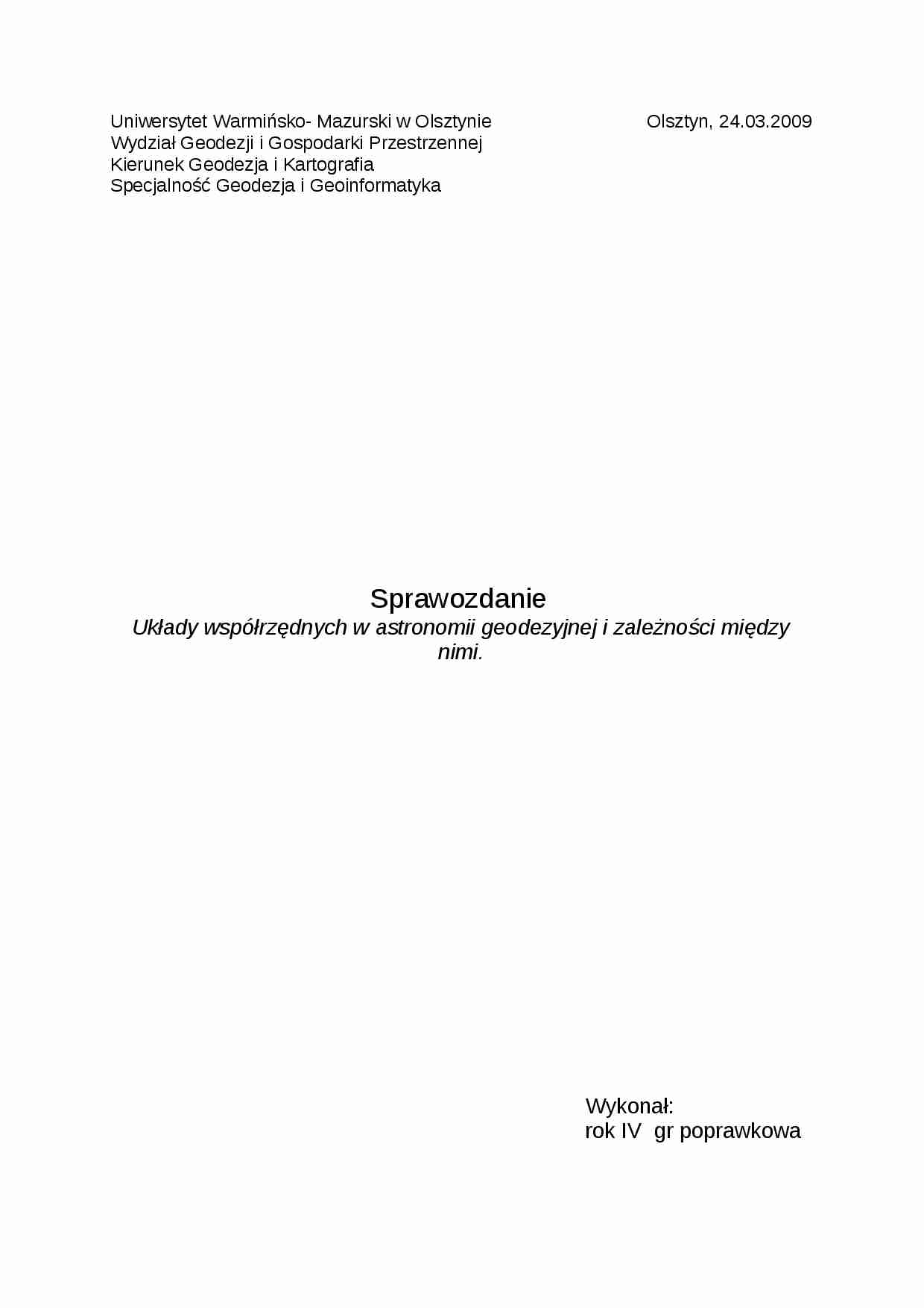 Układy współrzeędnych w astronomii geodezyjnej-opracowanie - strona 1
