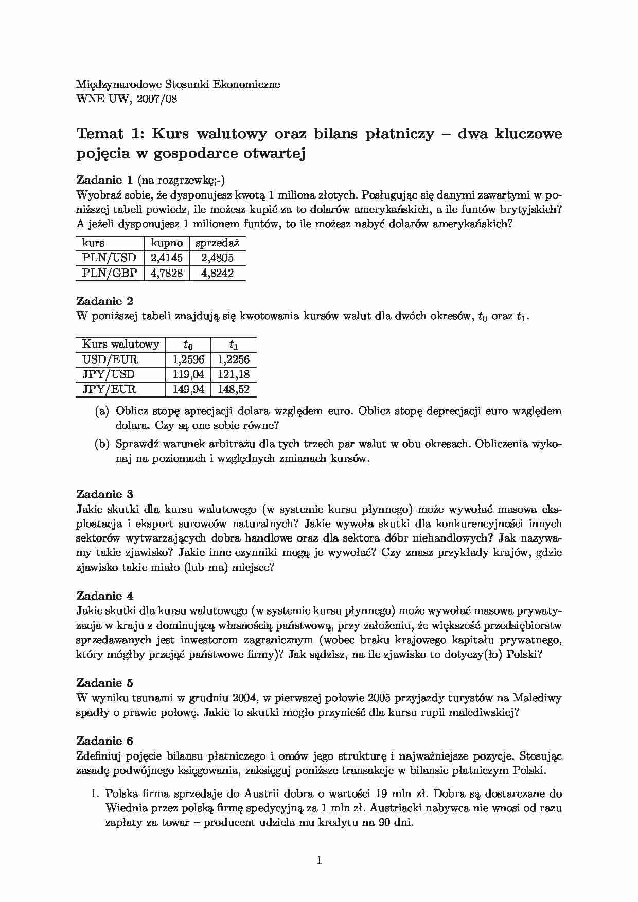 Kurs walutowy oraz bilans płatniczy-zadania - strona 1