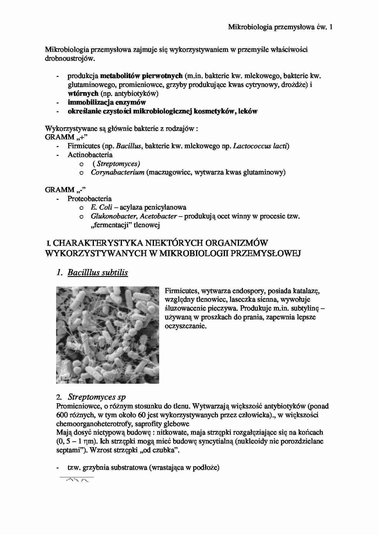 Mikrobiologia przemysłowa ćw. 1 - strona 1