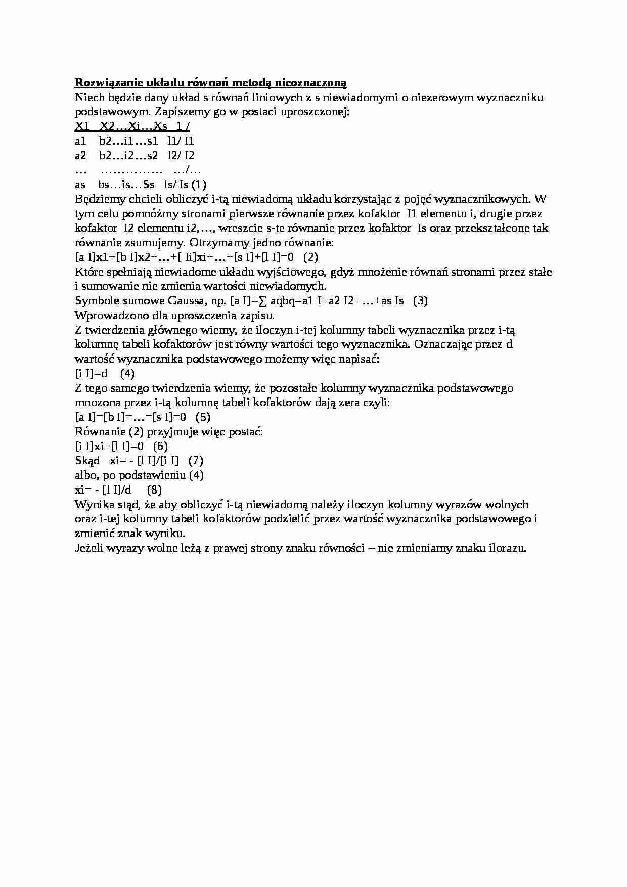 Rozwiązanie układu równań metodą nieoznaczoną-opracowanie - strona 1