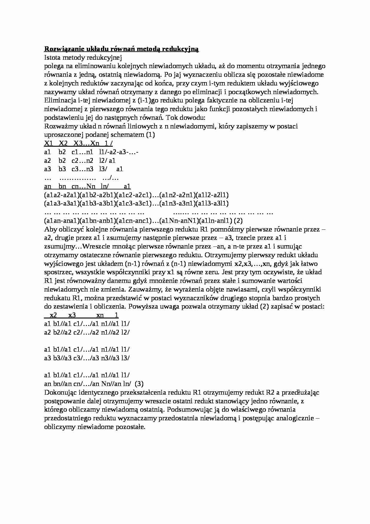 Rozwiązanie układu równań metodą redukcyjną-opracowanie - strona 1