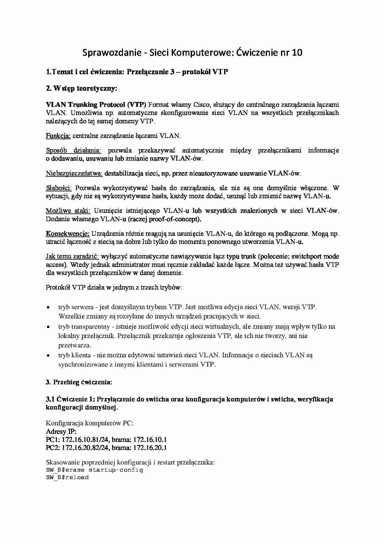 Temat i cel ćwiczenia: Przełączanie 3 - protokół VTP - strona 1