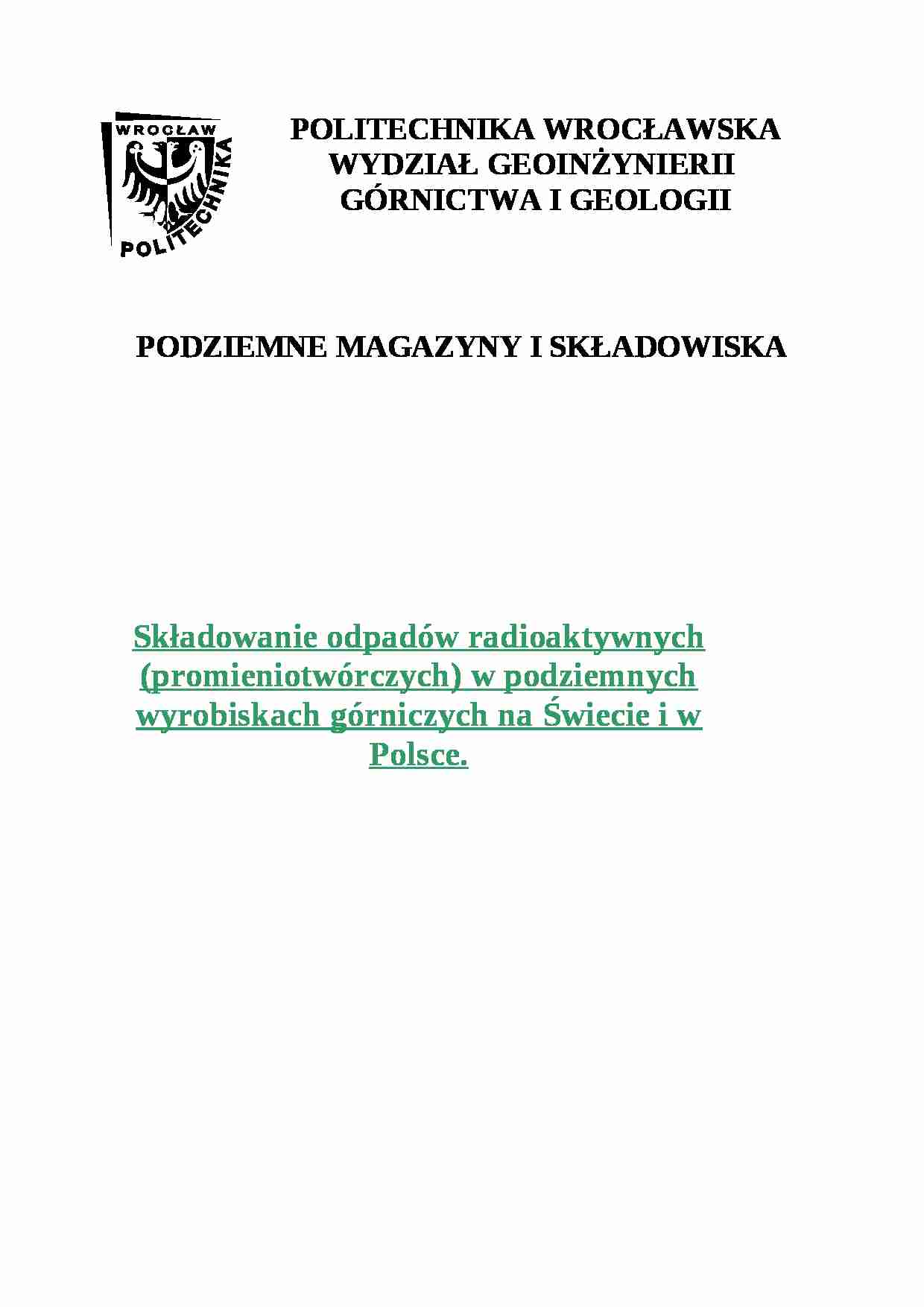 Składowanie odpadów radioaktywnych w podziemnych wyrobiskach górniczych na świecie i w Polsce - omówienie - strona 1