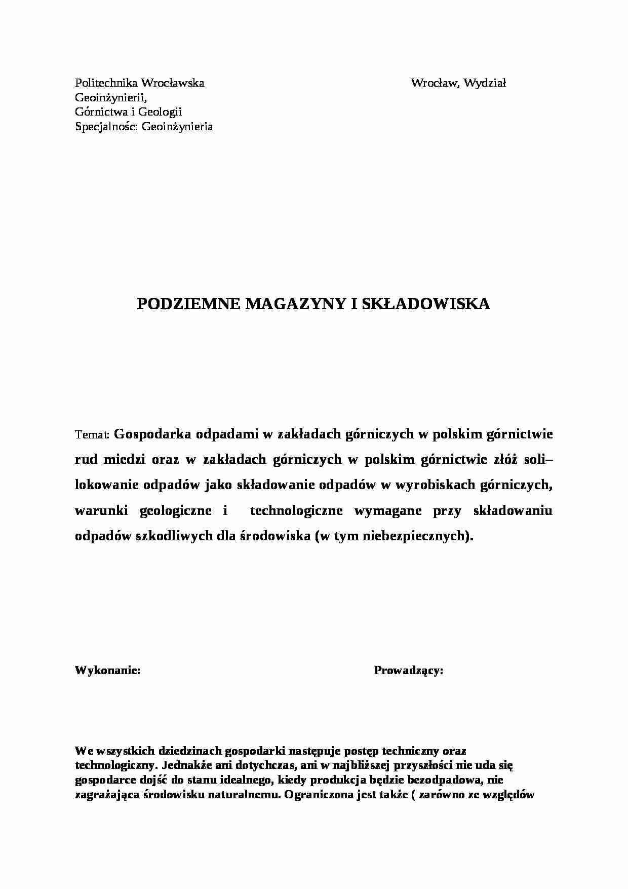 Gospodarka odpadami w zakładach górniczych w polskim górnictwie rud miedzi - strona 1