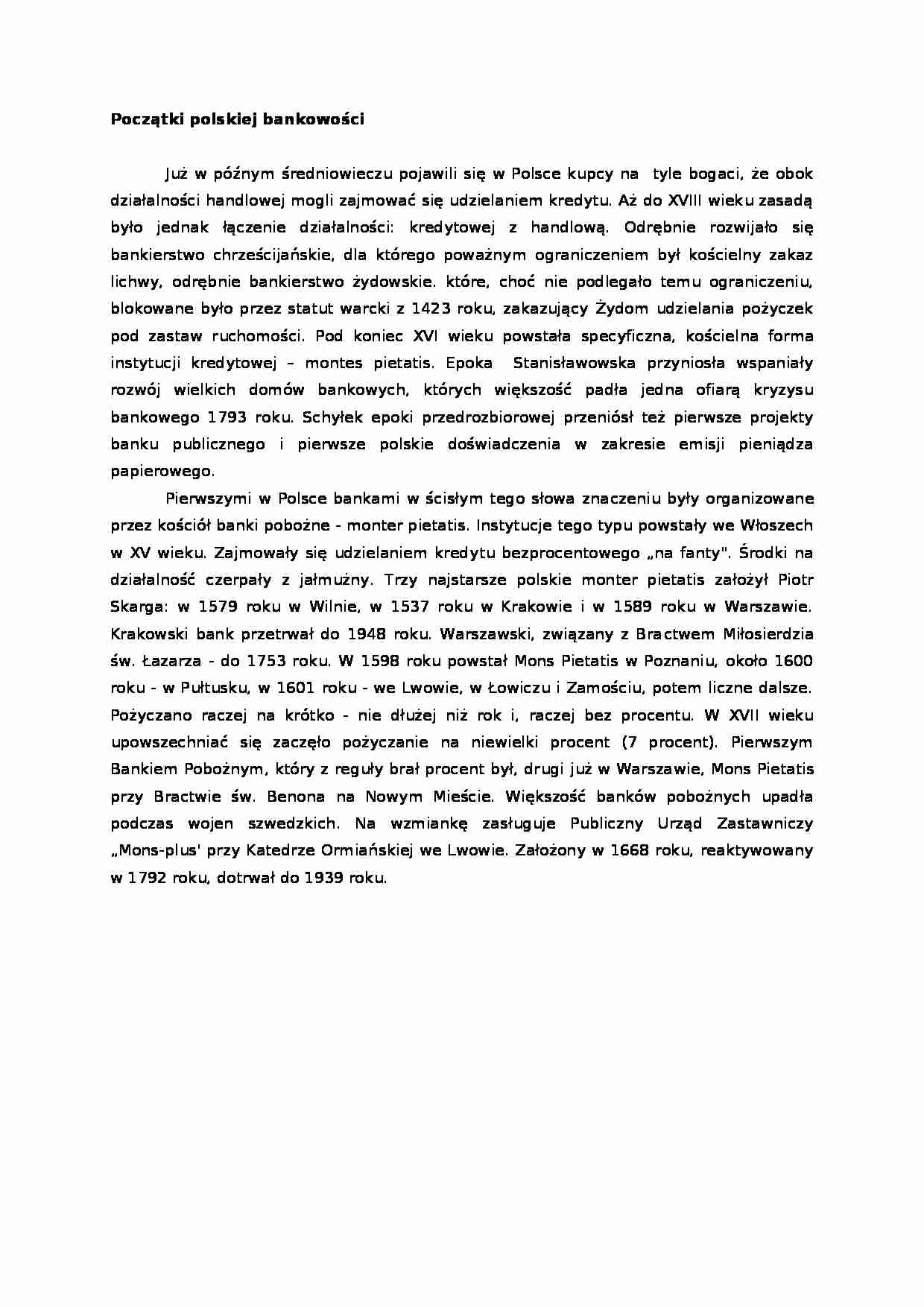 Początki polskiej bankowości- opracowanie - strona 1