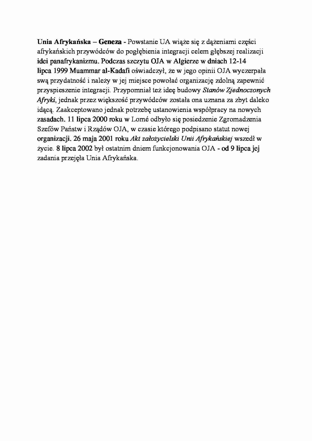 Unia Afrykańska- geneza - wykład  - strona 1