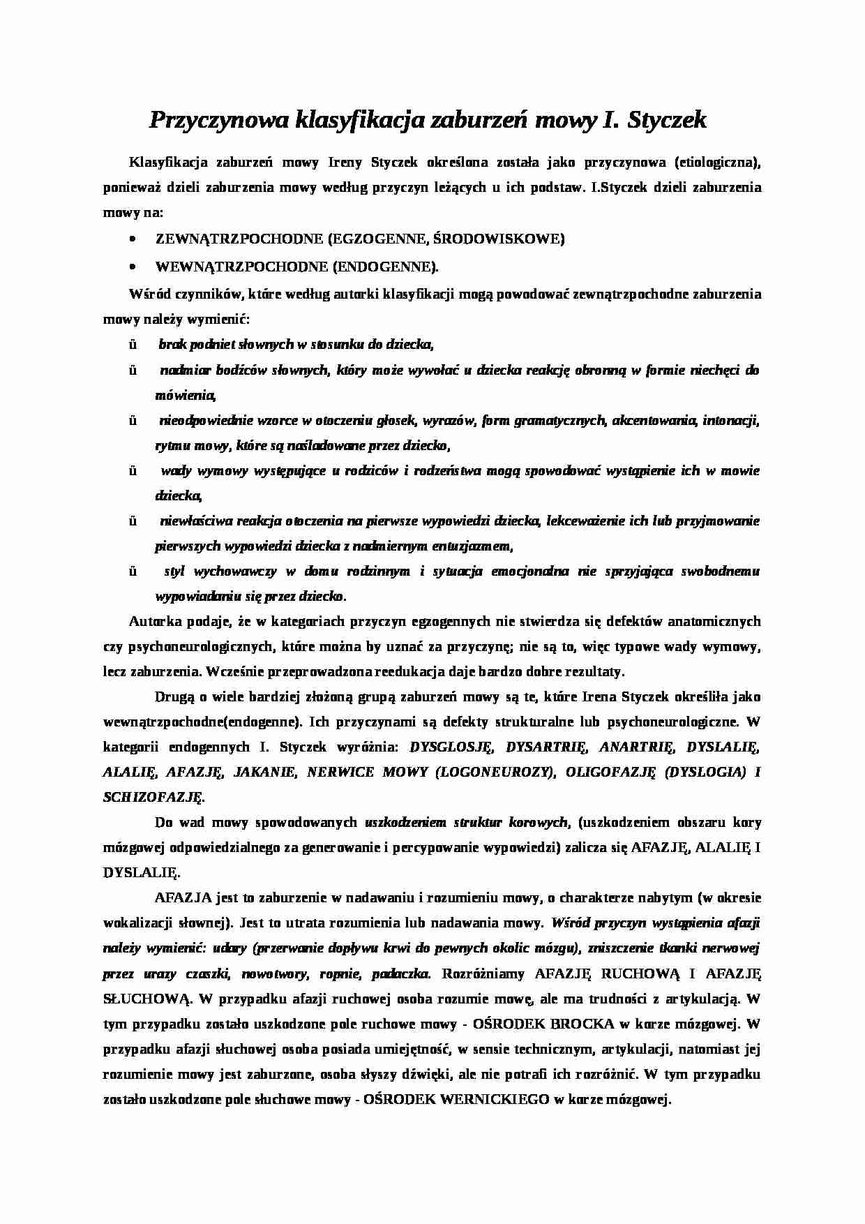 Przyczynowa klasyfikacja zaburzeń mowy I. Styczek - notatki z literatury - strona 1
