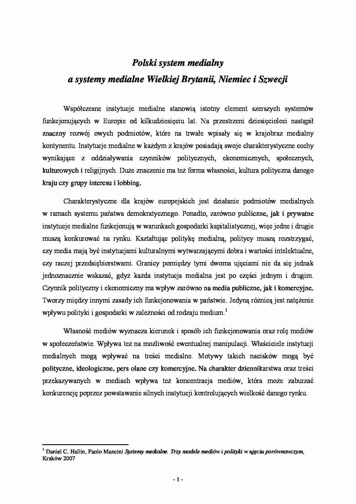 DZIENNIKARSTWO Polski system medialny a systemy medialne Wielkiej Brytanii, Niemiec i Szwecji - referat - strona 1